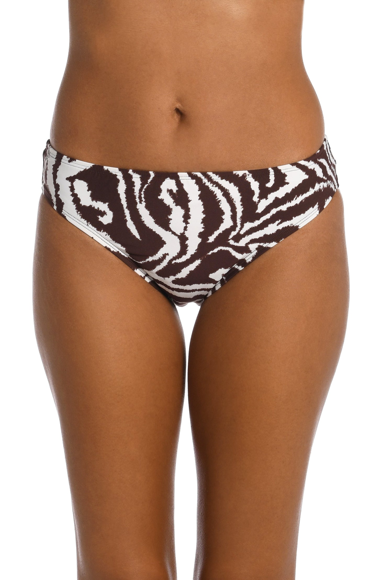 Model is wearing a java colored animal printed hipster bottom in our Fierce Lines collection!