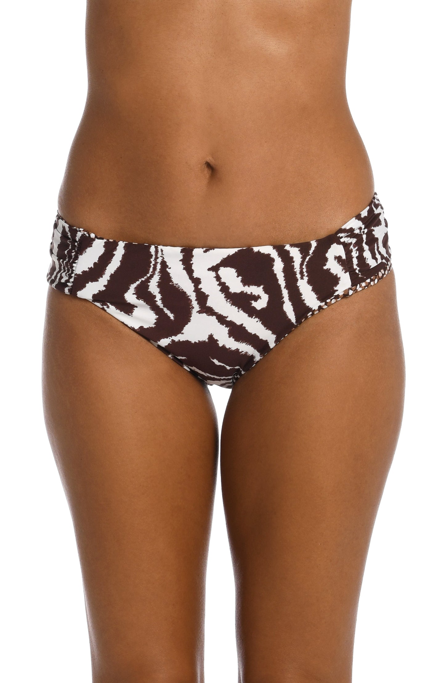 Model is wearing a java colored animal printed side shirred bottom in our Fierce Lines collection!