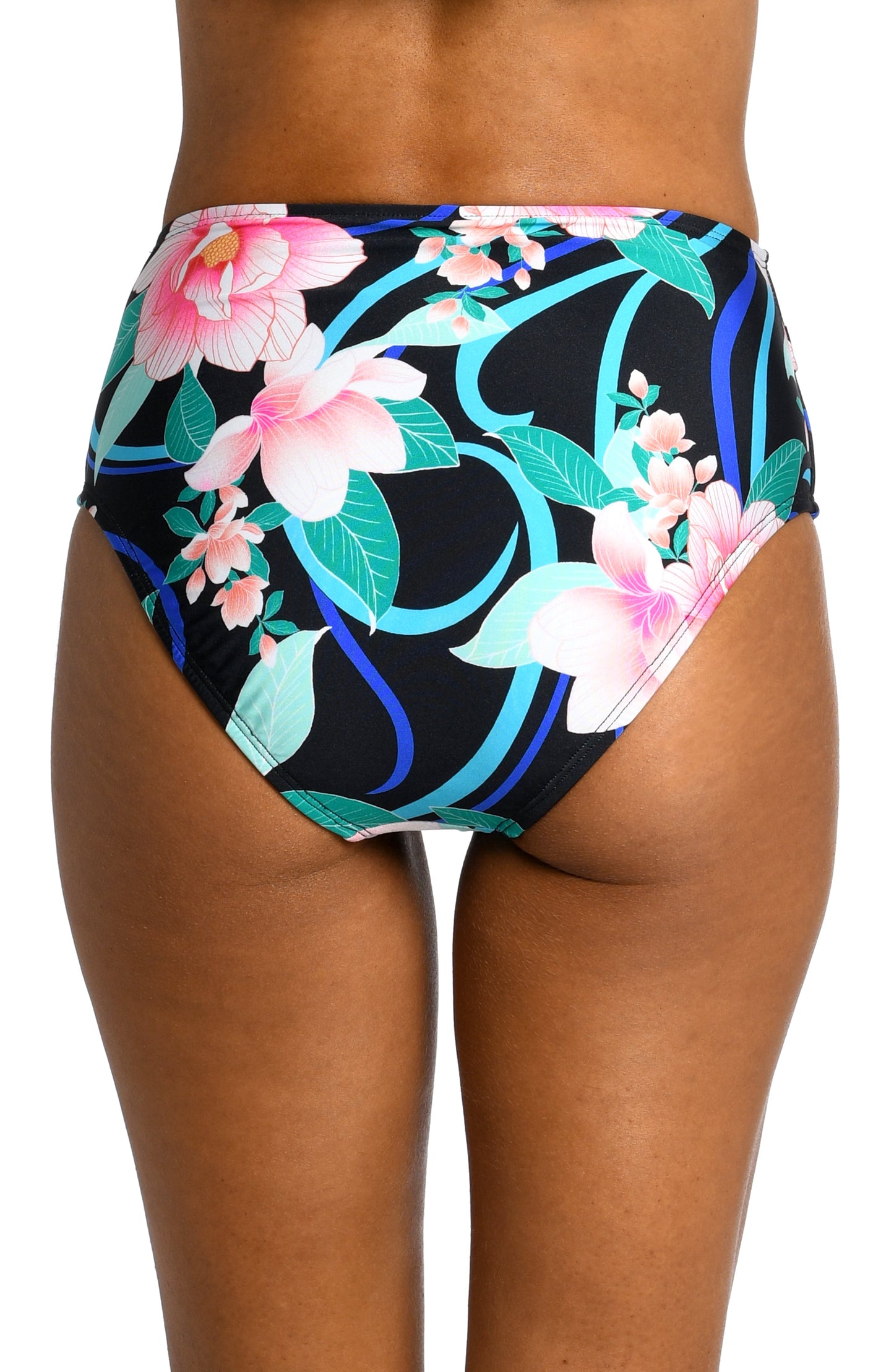 Model is wearing pink multi colored tropical foral print on this high waist bottom from our Nightfall Blooms collection!