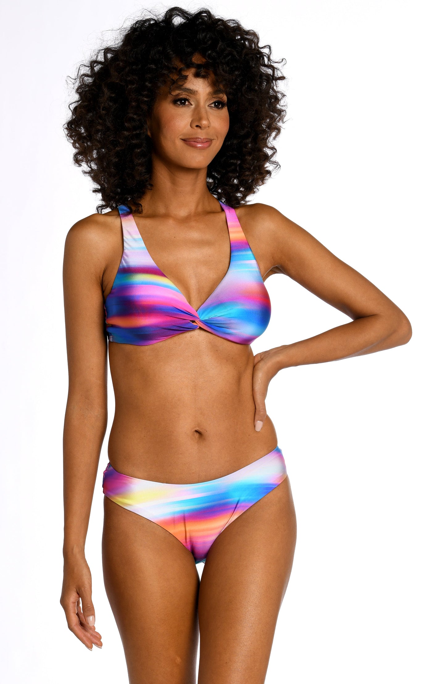 Model is wearing a multi colored ombre printed underwire twist front top from our Sunset Shores collection!