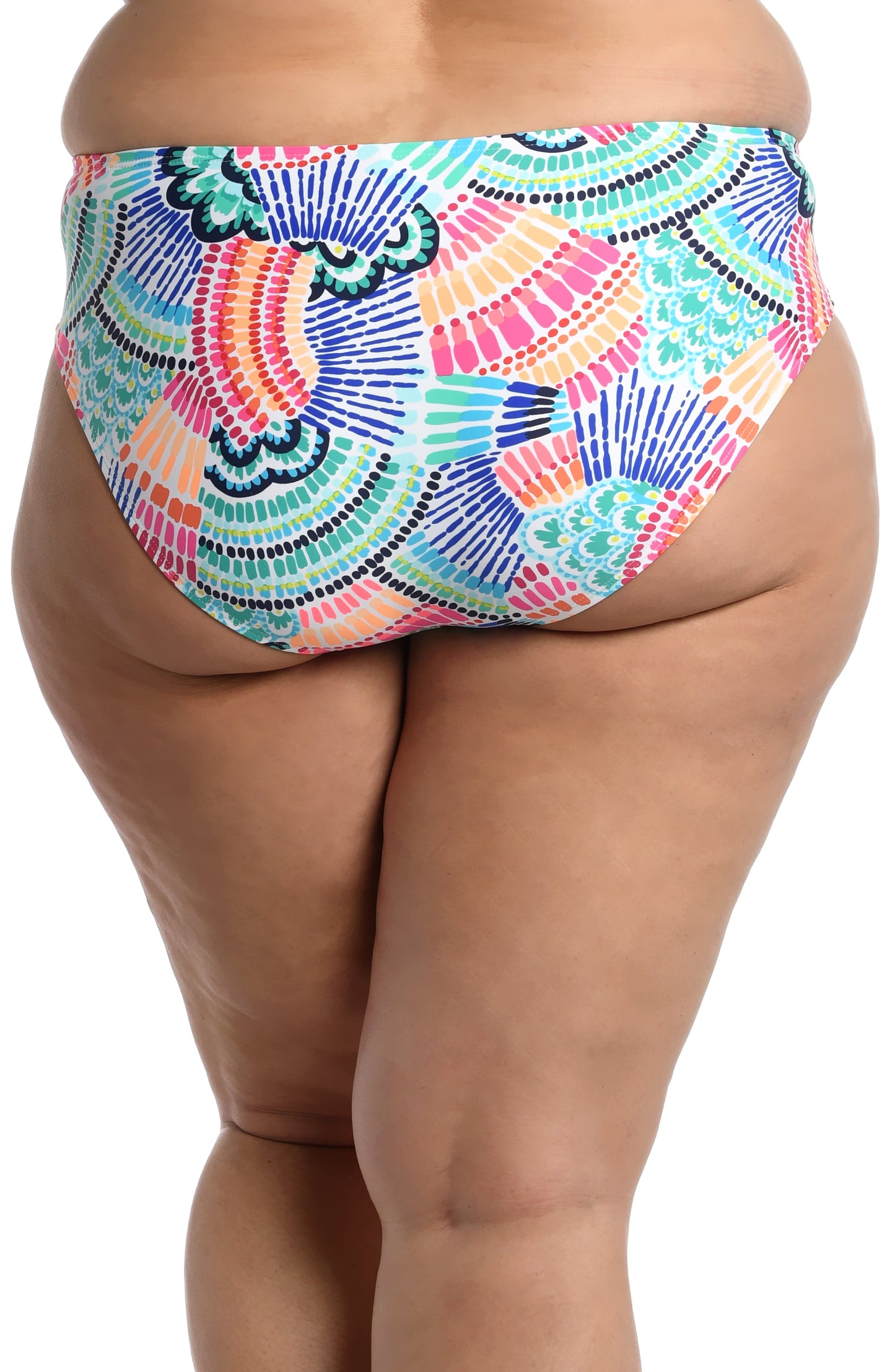 Model is wearing a multi colored geometric printed hipster bottom from our Waves of Color collection!