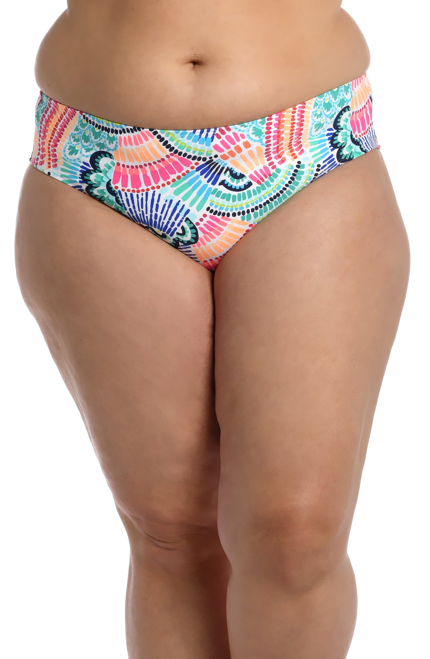 Model is wearing a multi colored geometric printed hipster bottom from our Waves of Color collection!