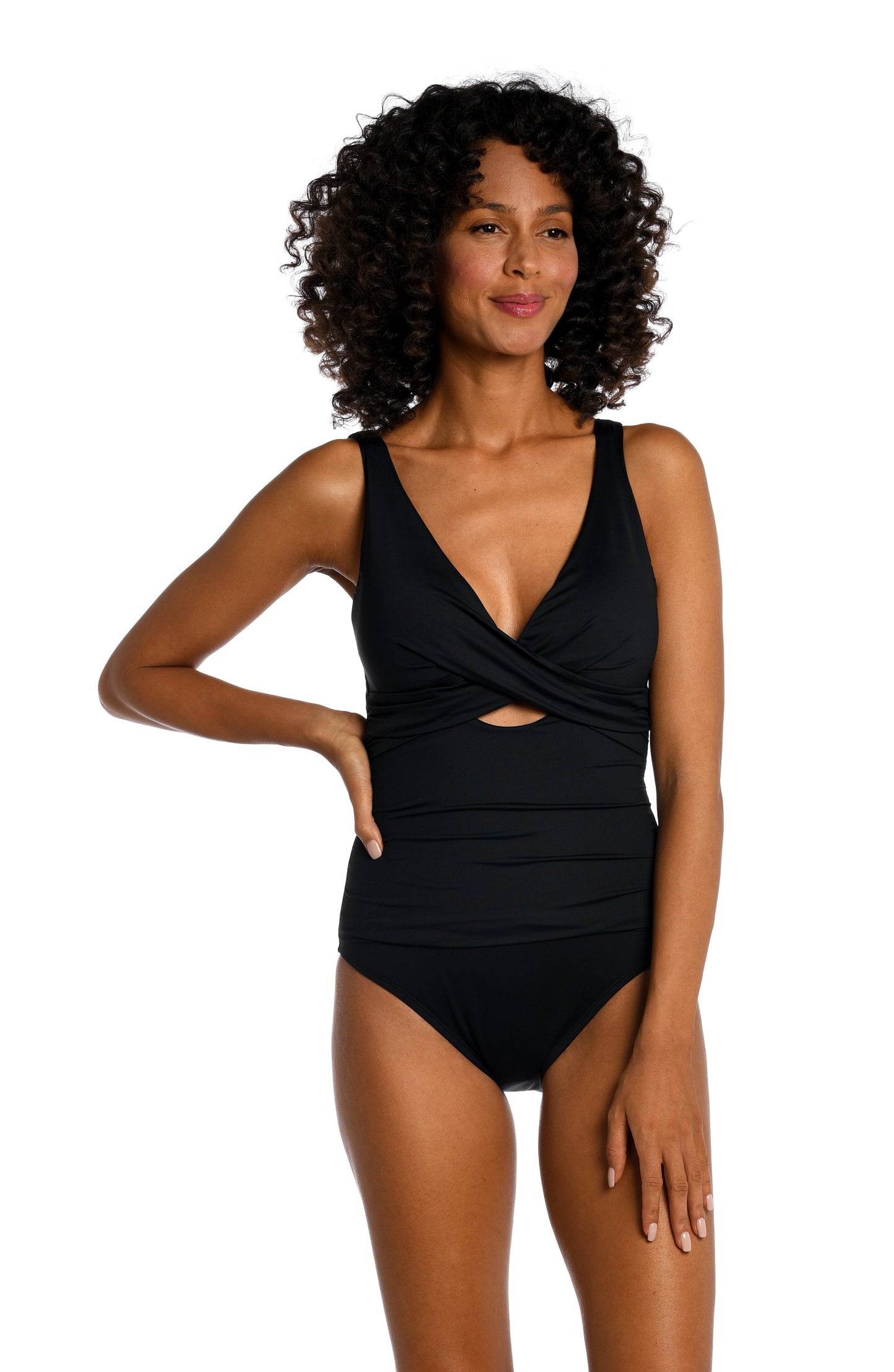 Model is wearing a black one piece swimsuit from our Best-Selling Island Goddess collection.