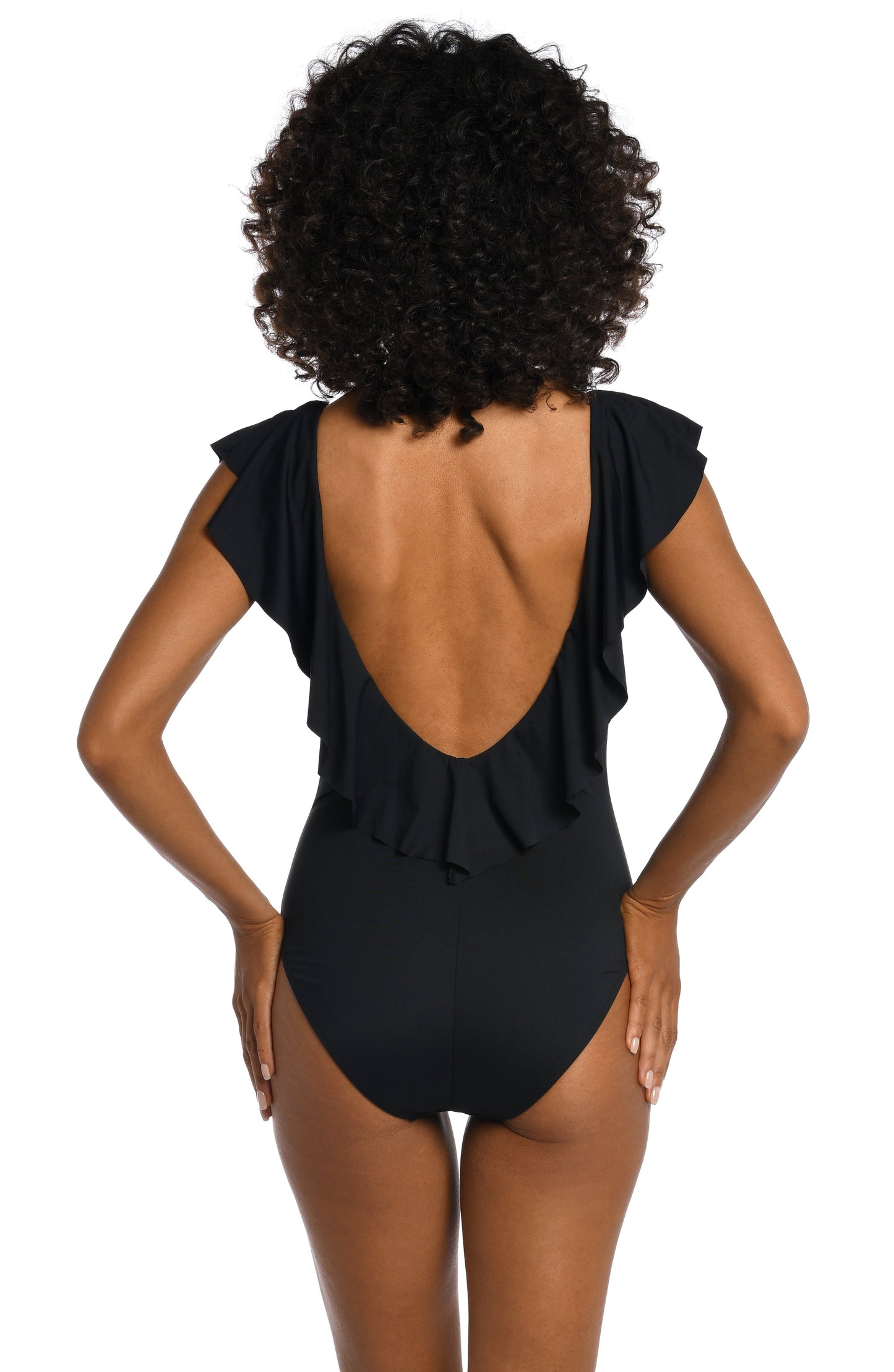 Model is wearing a black one piece swimsuit from our Best-Selling Island Goddess collection.