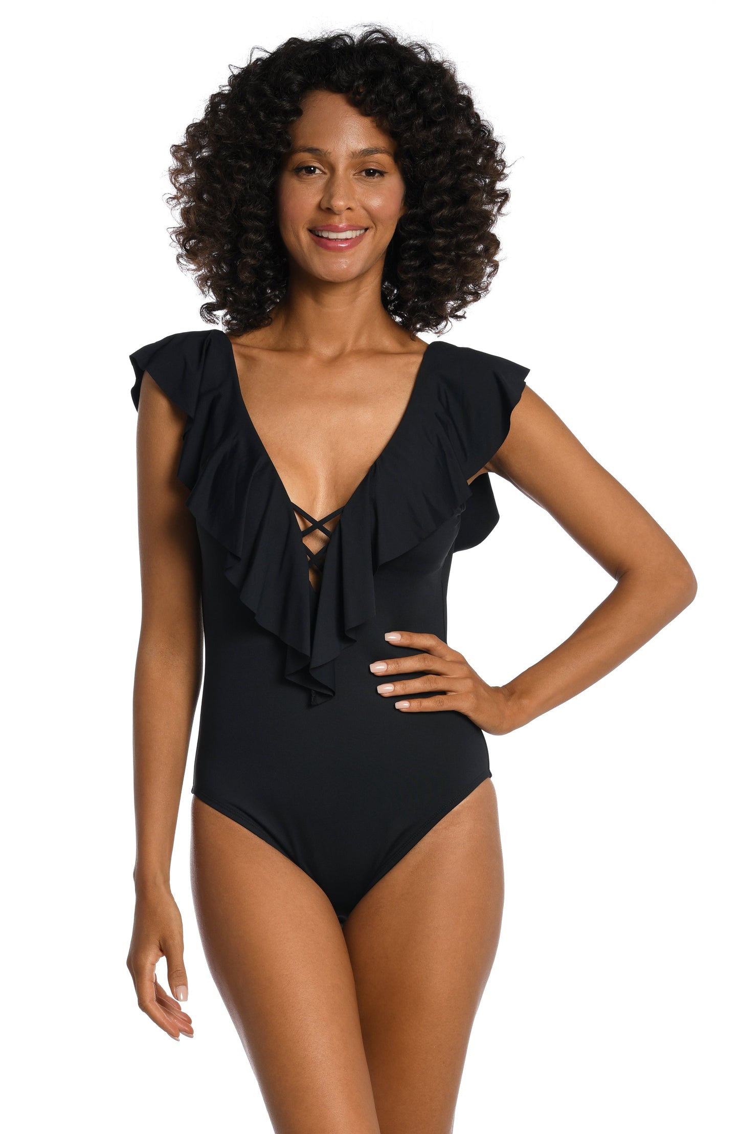 Model is wearing a black one piece swimsuit from our Best-Selling Island Goddess collection.