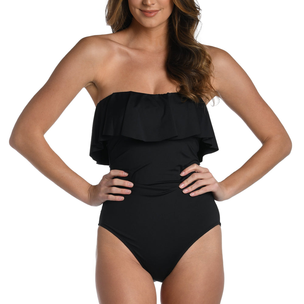 
                  
                    Model is wearing a black one piece swimsuit from our Best-Selling Island Goddess collection.
                  
                