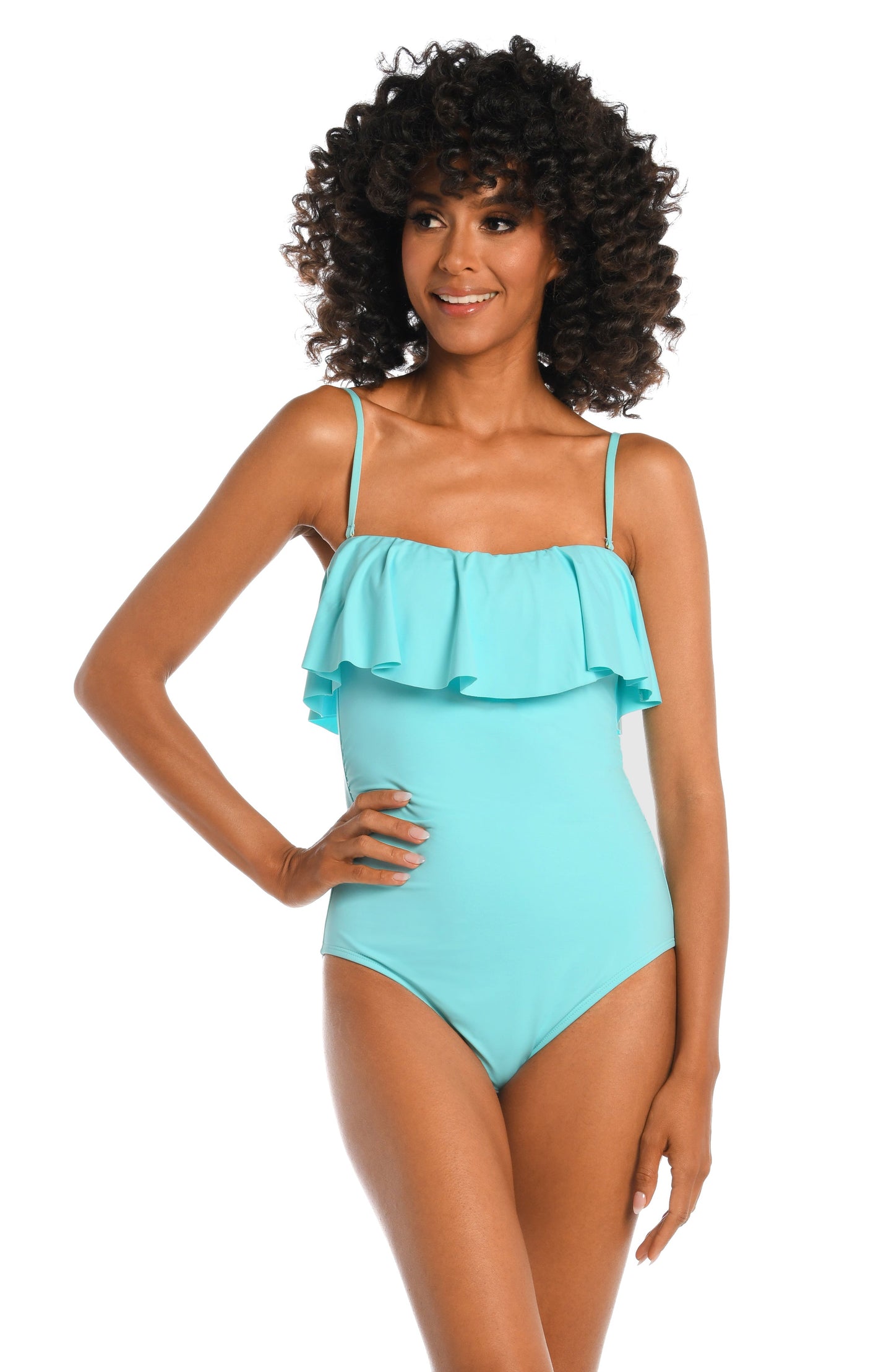 Model is wearing a ice blue colored bandeau one piece swimsuit from our Best-Selling Island Goddess collection.