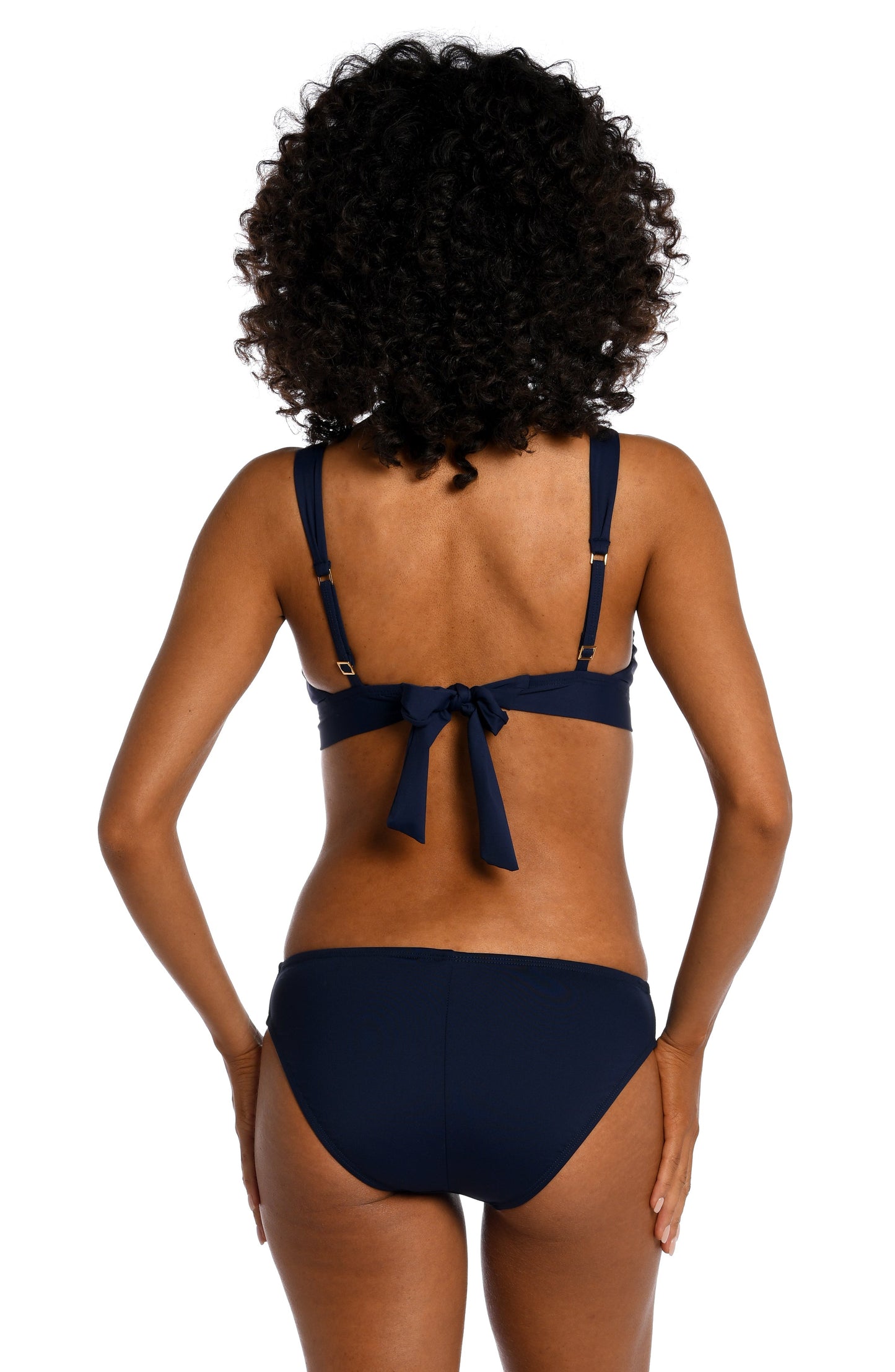 Model is wearing a indigo colored tall triangle swimsuit top from our Best-Selling Island Goddess collection.