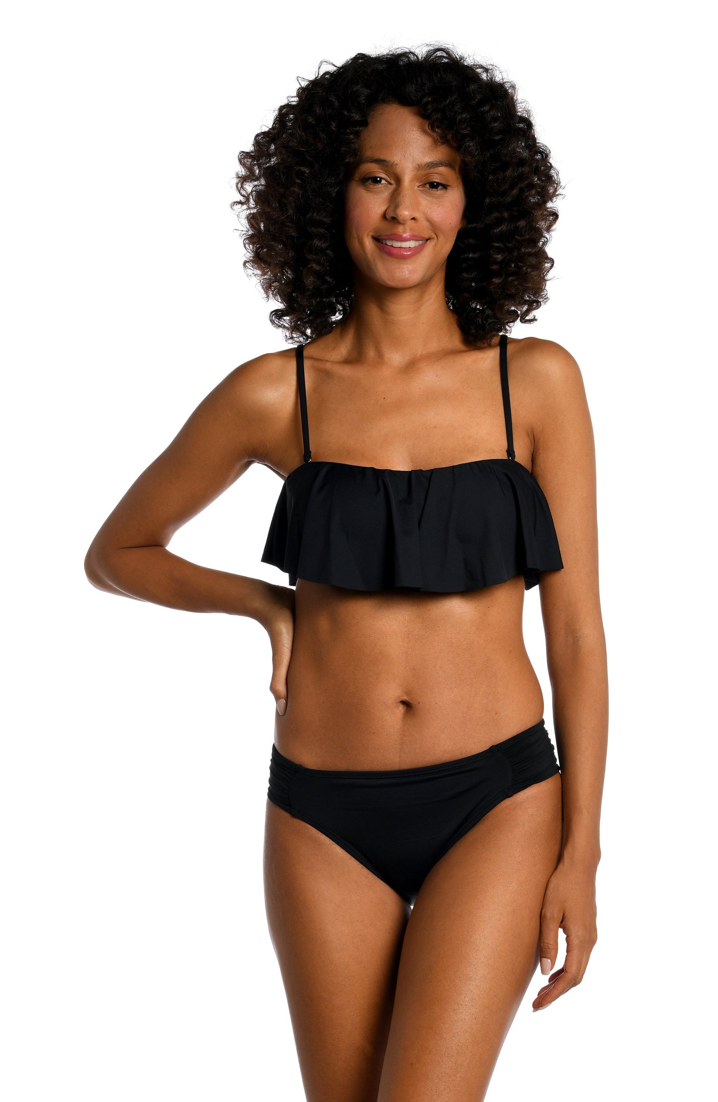 Model is wearing a black ruffle bandeau swimsuit top from our Best-Selling Island Goddess collection.