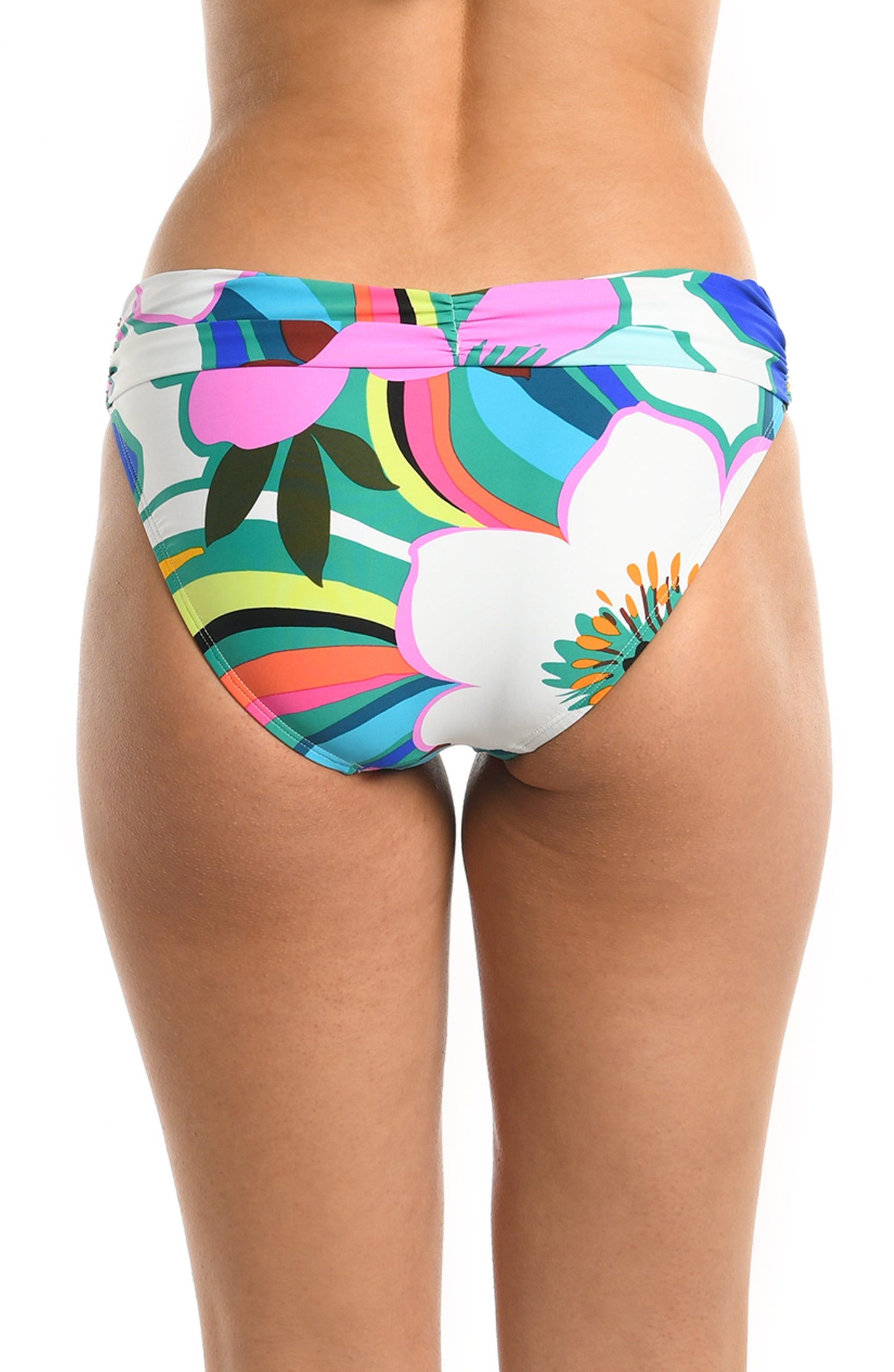 Model is wearing a multicolored bold floral printed shirred band hipster bikini bottom from our Sun Catcher collection. 