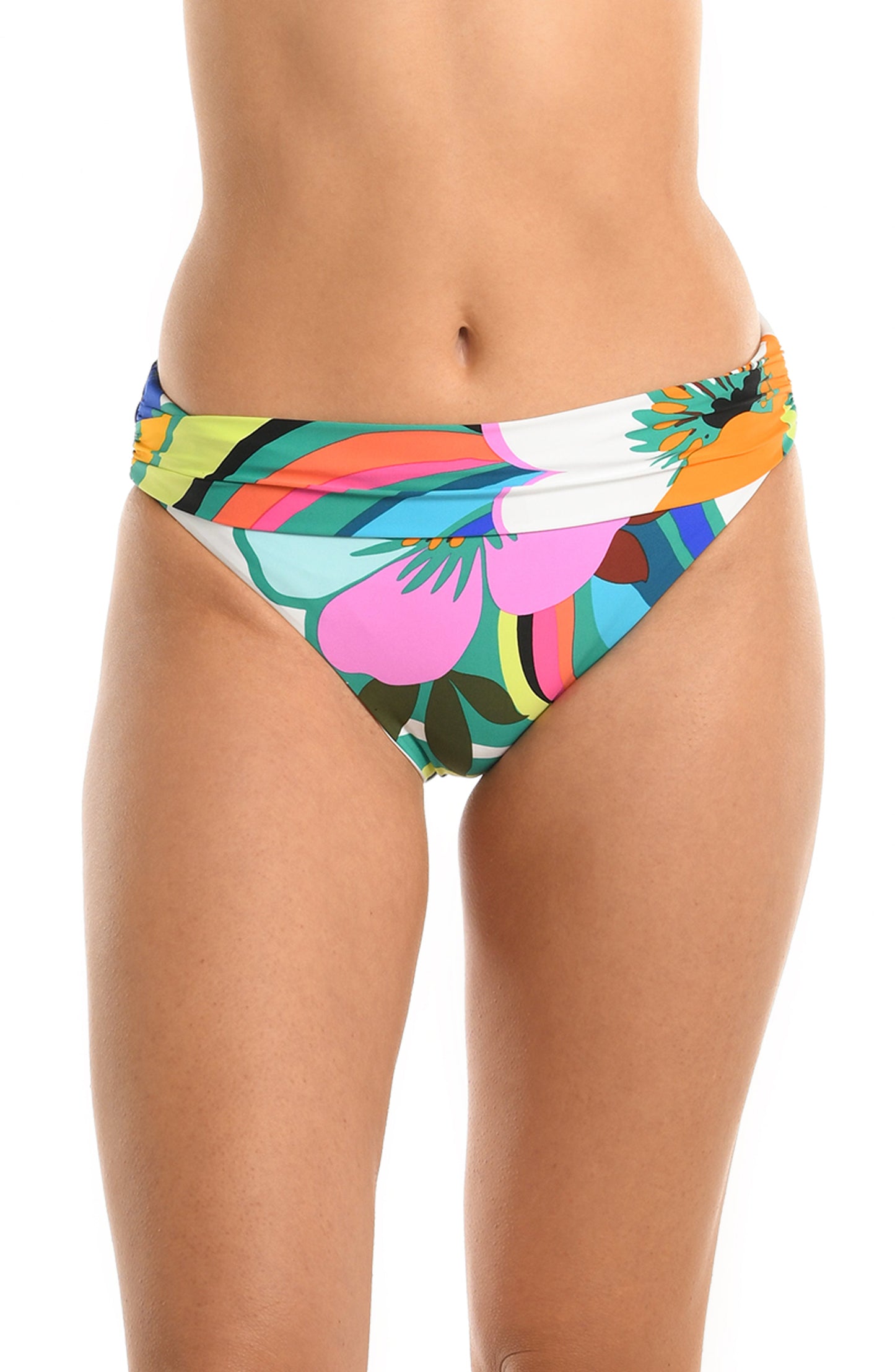 Model is wearing a multicolored bold floral printed shirred band hipster bikini bottom from our Sun Catcher collection. 