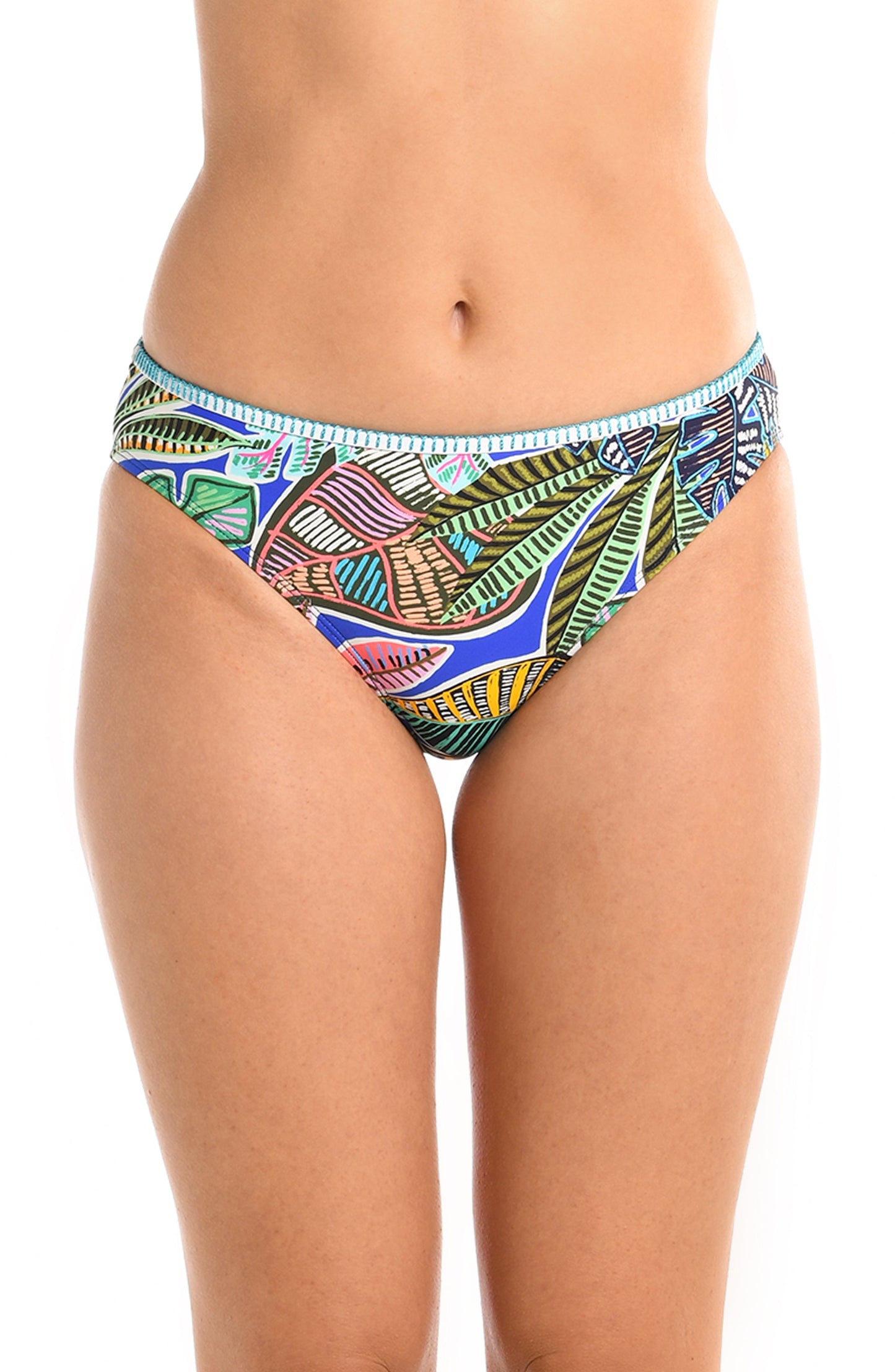 Model is wearing a neon colored tropical printed hipster bikini bottom from our Neon Nights collection.