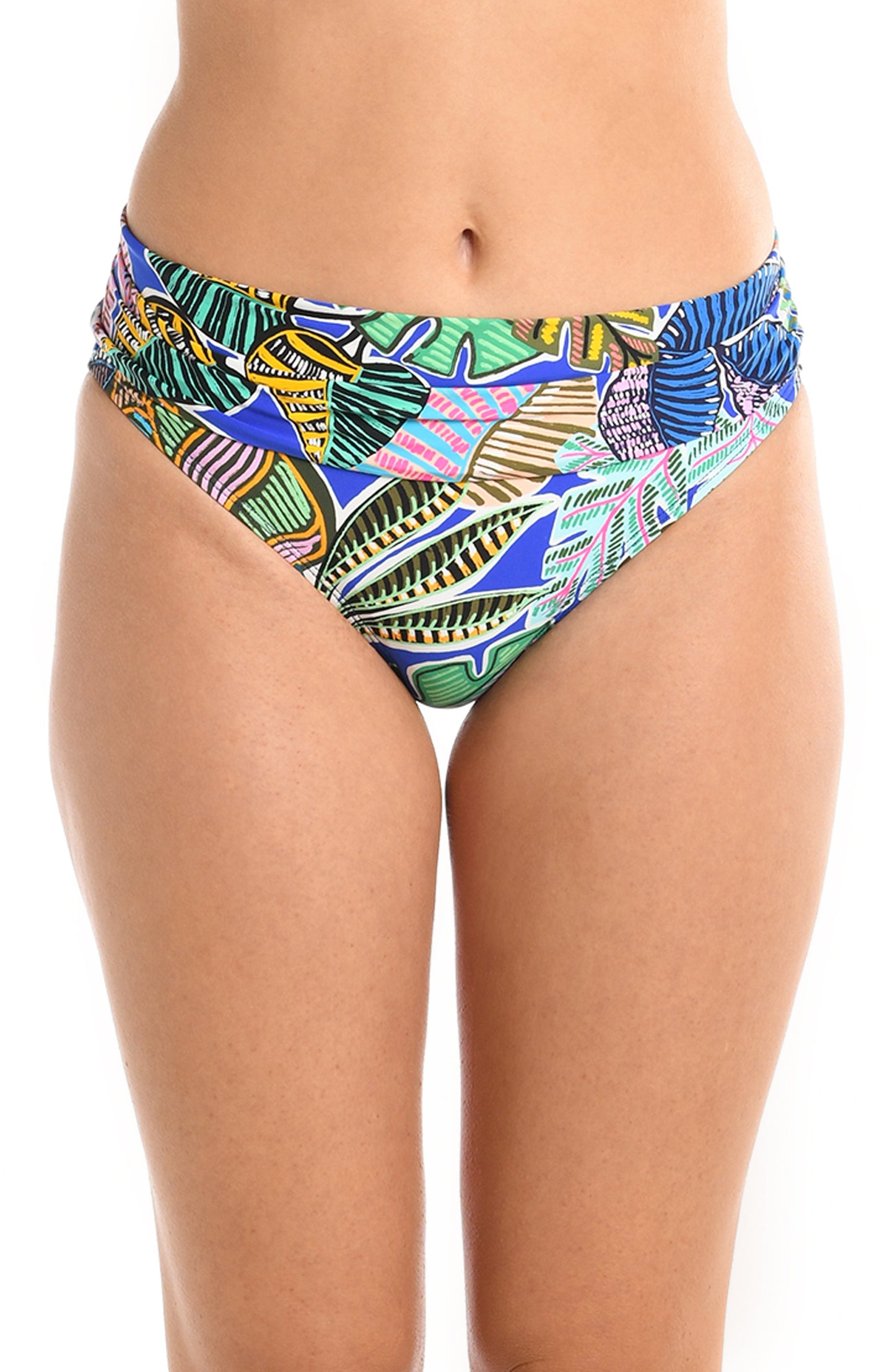 Model is wearing a neon colored tropical printed shirred band hipster bikini bottom from our Neon Nights collection.