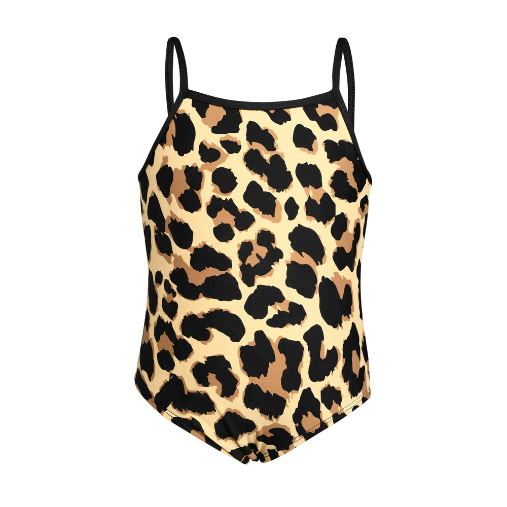 Toddler is wearing a black and tan leopard printed high neck one piece from our Mama and Me Running Wild collection.