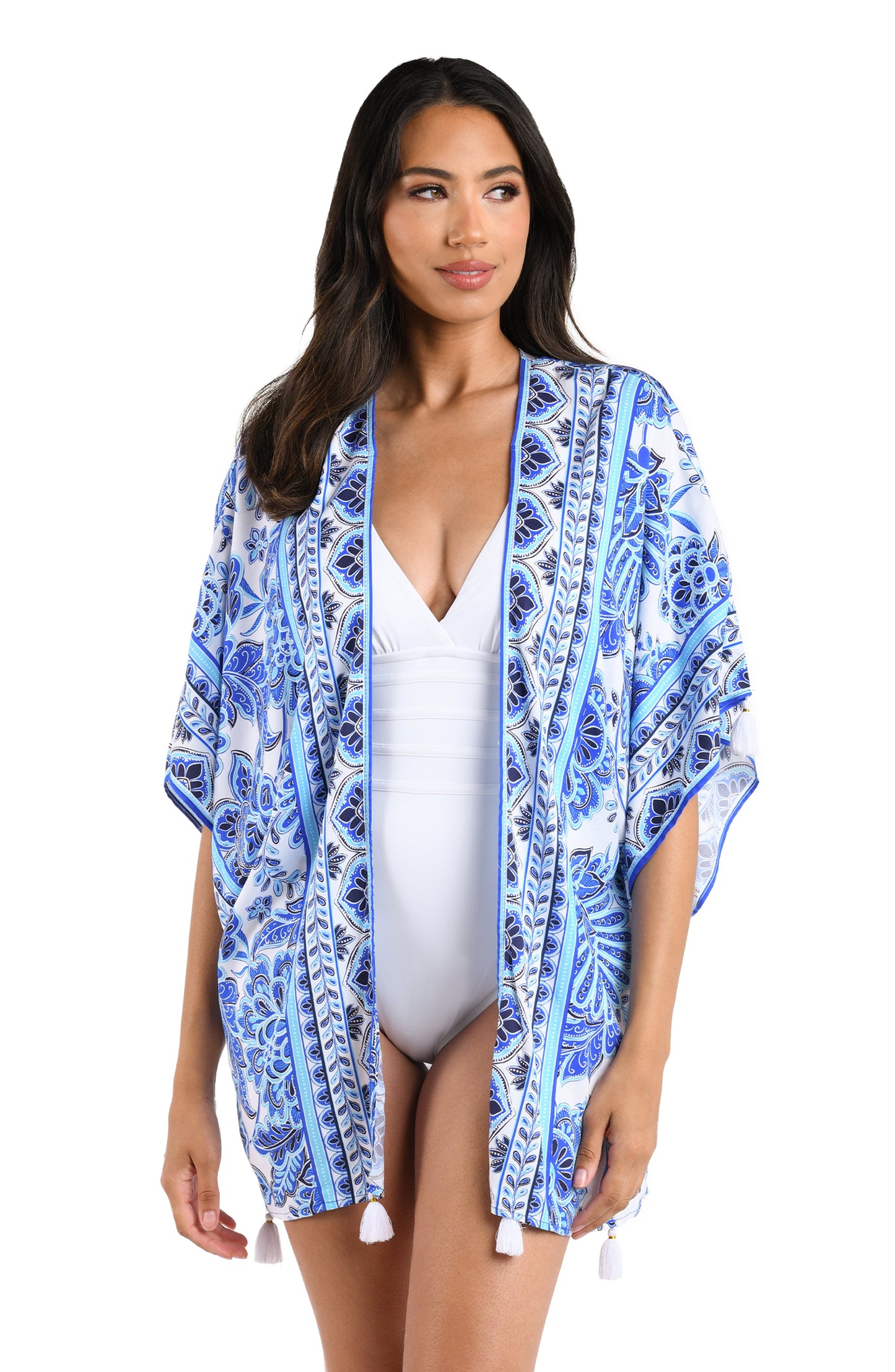 Model is wearing an indigo and white multicolored floral printed Kimono Cover Up