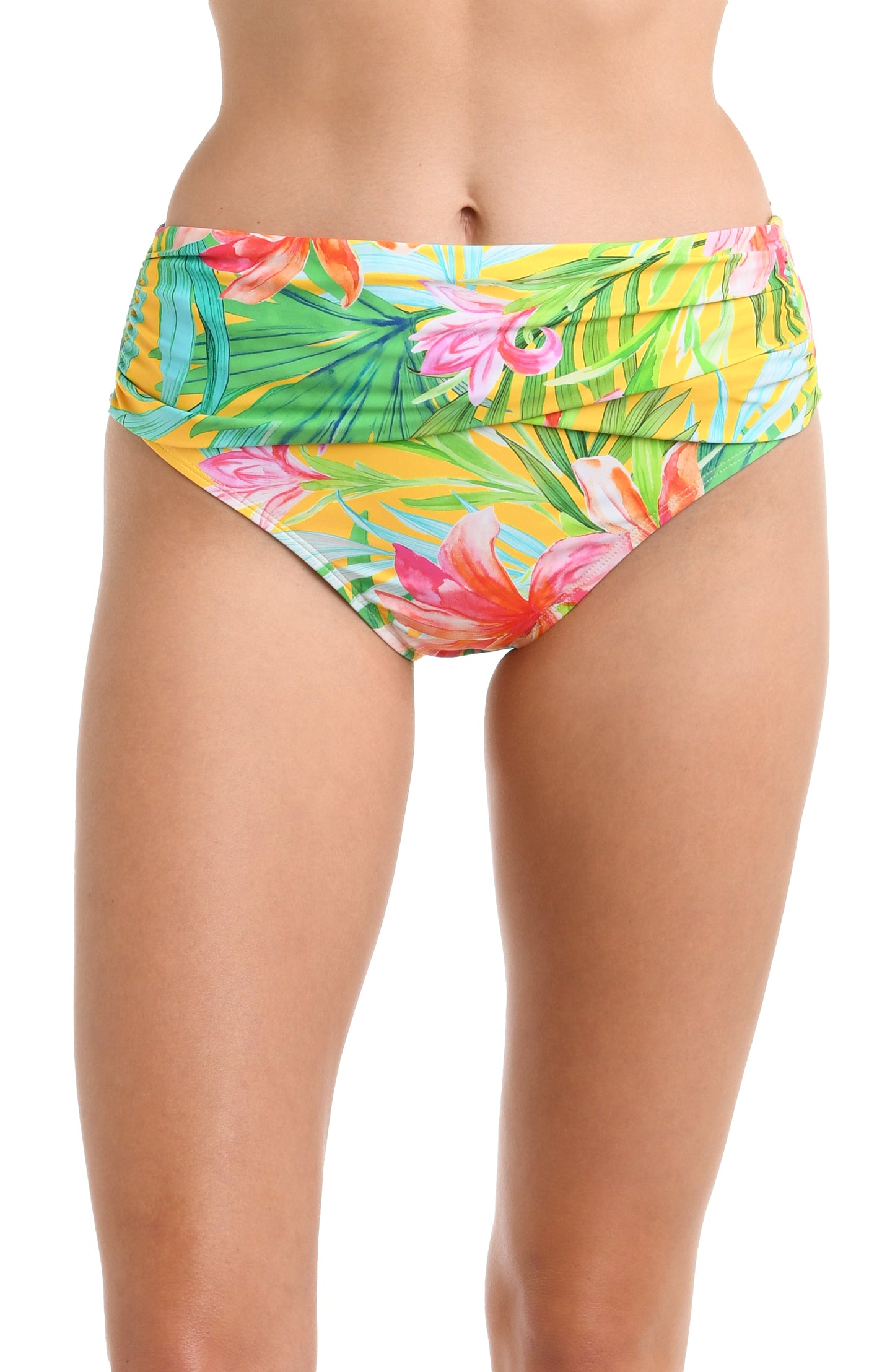 Model is wearing a bright yellow, pink, and green multicolored tropical printed Mid-Waist Sash Band Bottom