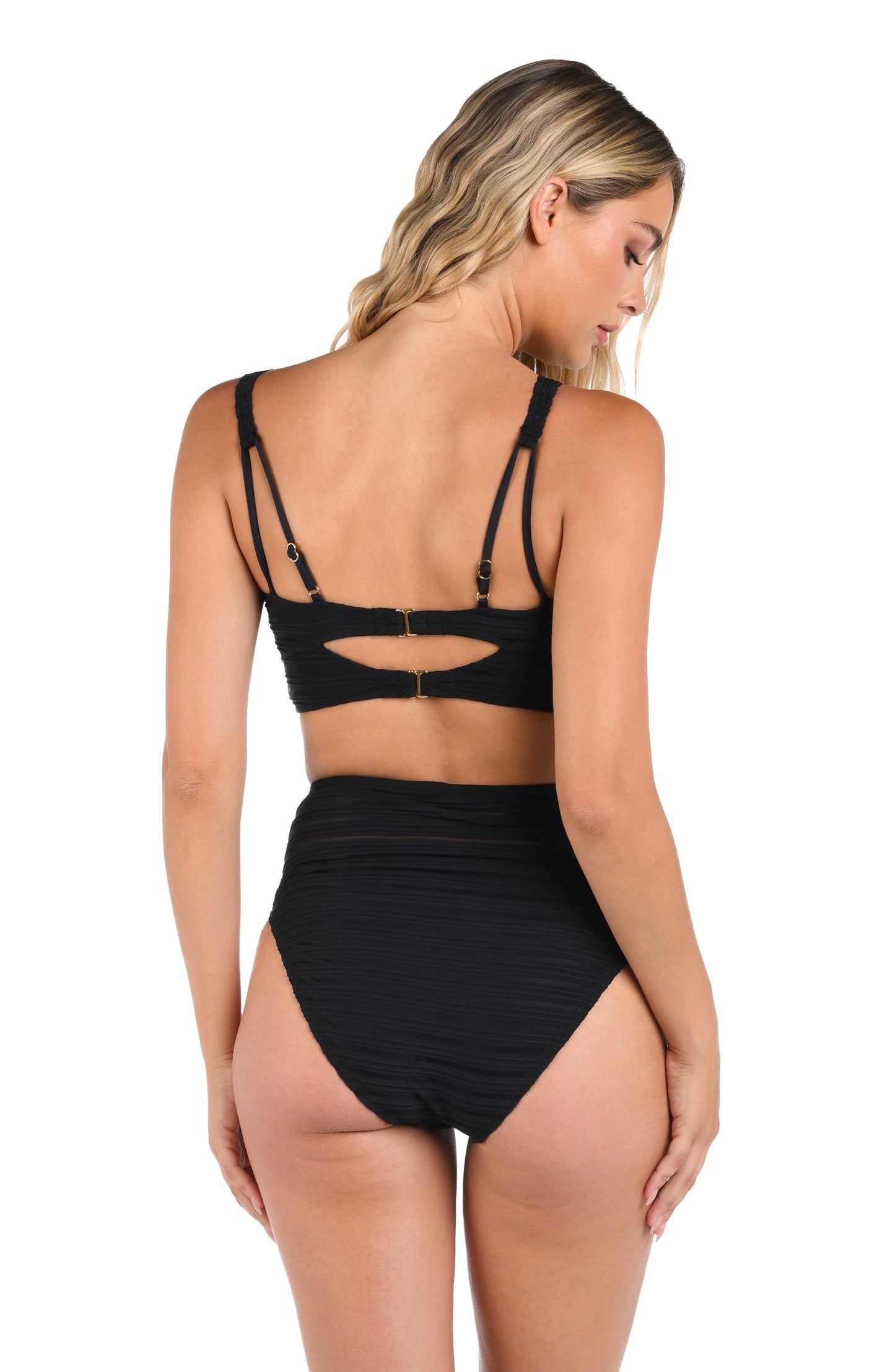 This is a back image of a model wearing both the black mesh High Neck Midkini Top paired with the back image of the mesh high waisted swimsuit bottom.