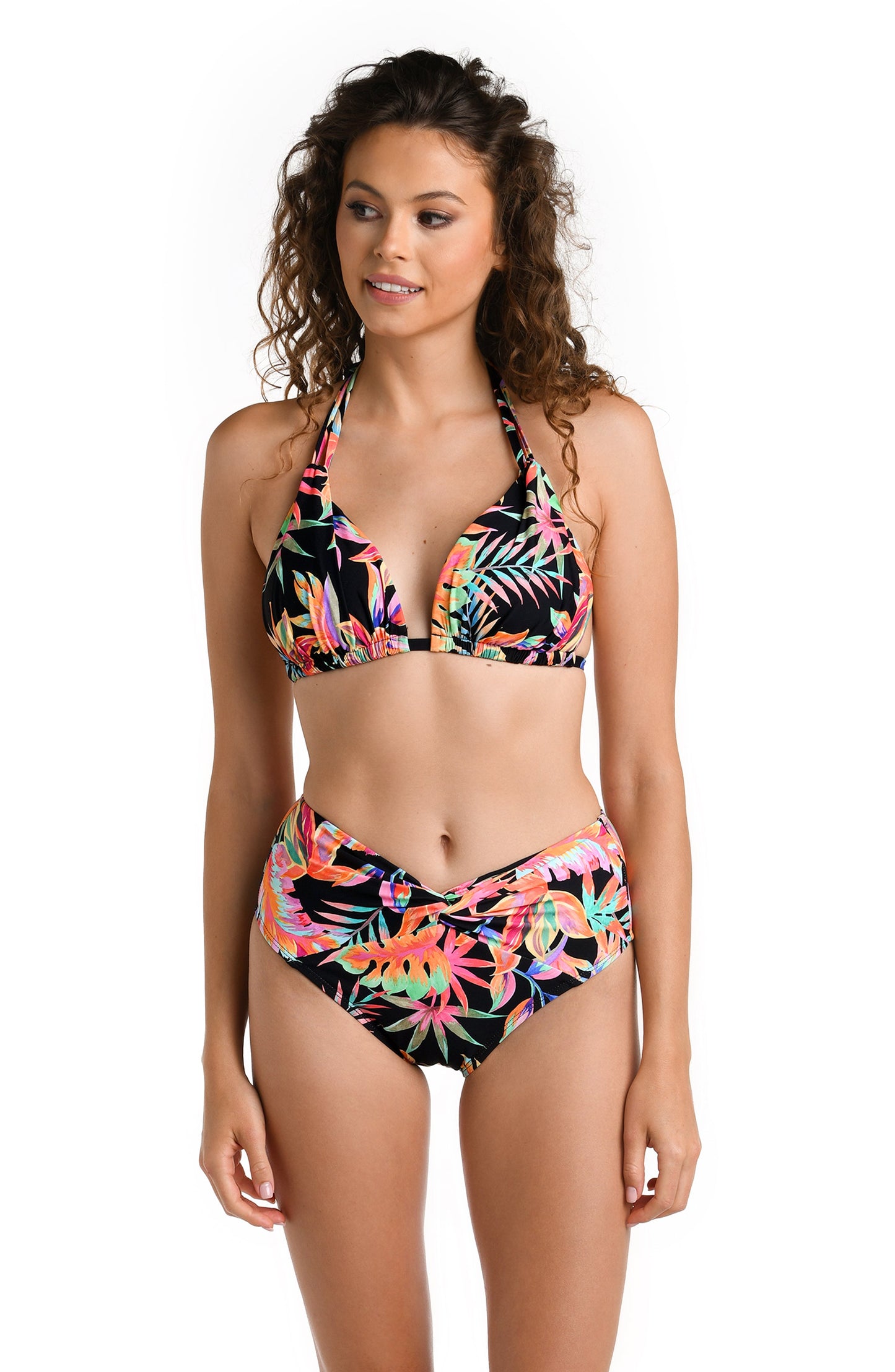 Model is wearing a multicolored Halter Bikini Swimsuit Top