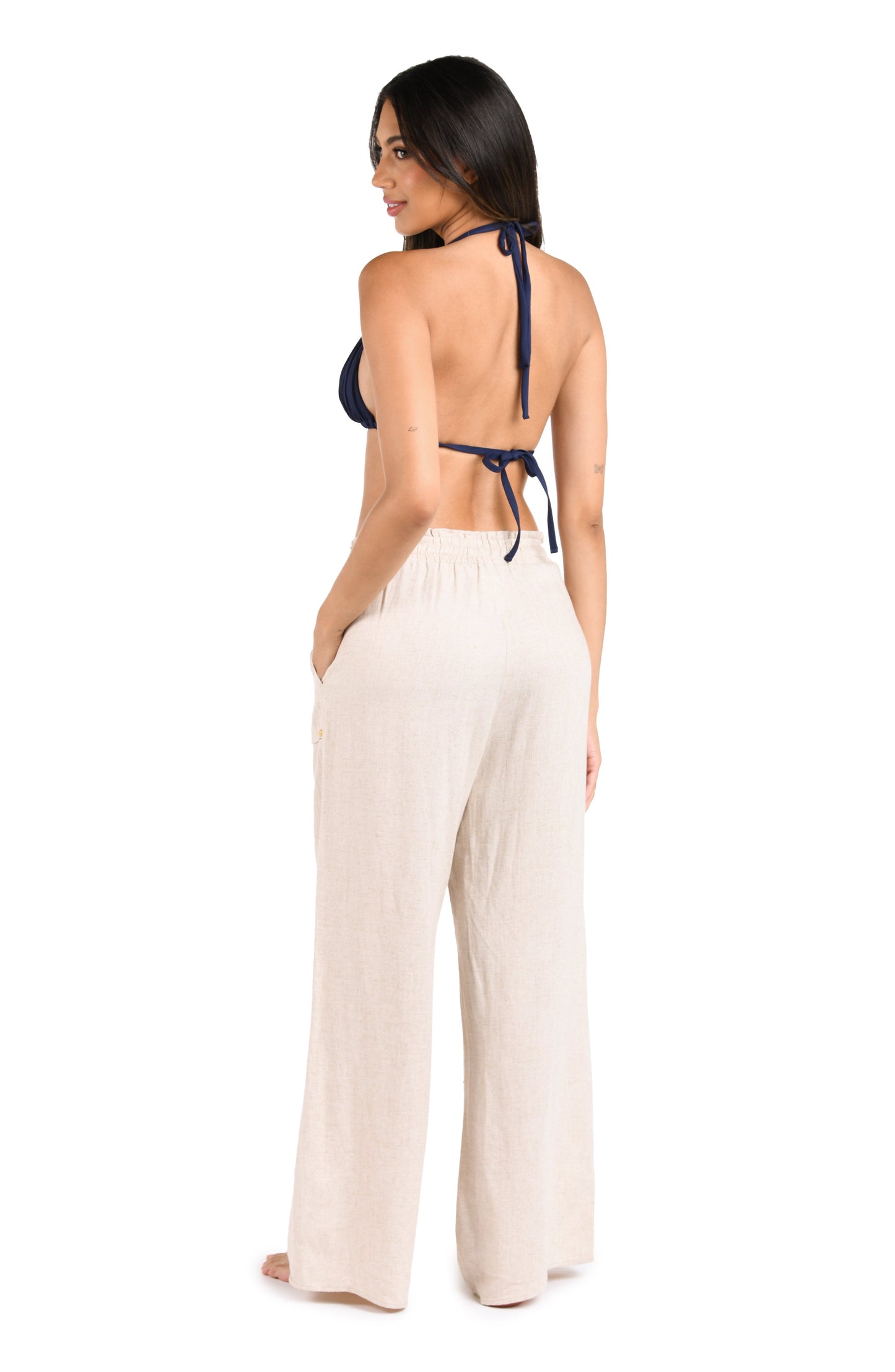 Model is wearing a taupe Palazzo Pant Swimsuit Cover Up