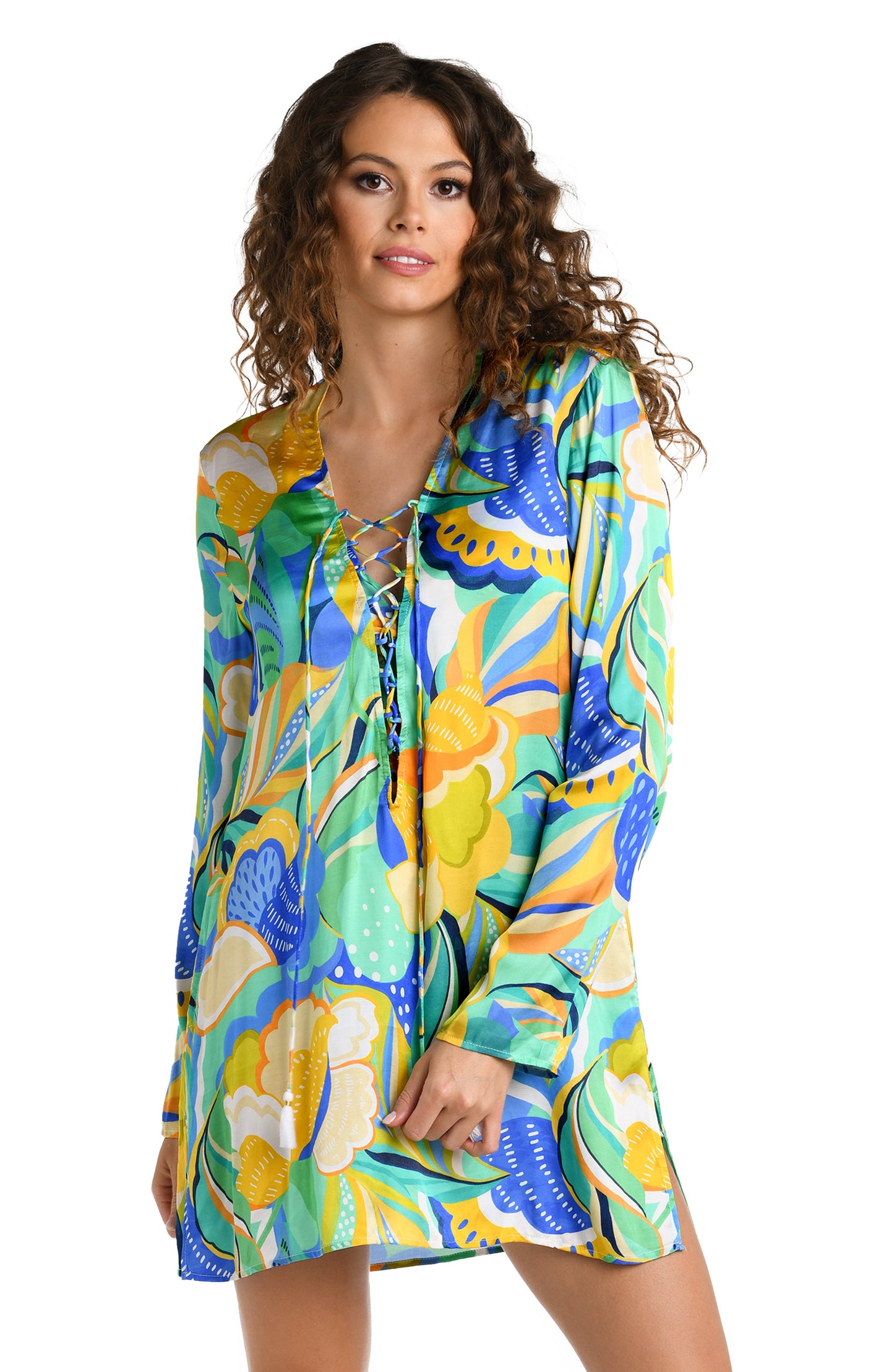 Model is wearing a multicolored Tunic Swimsuit Cover Up