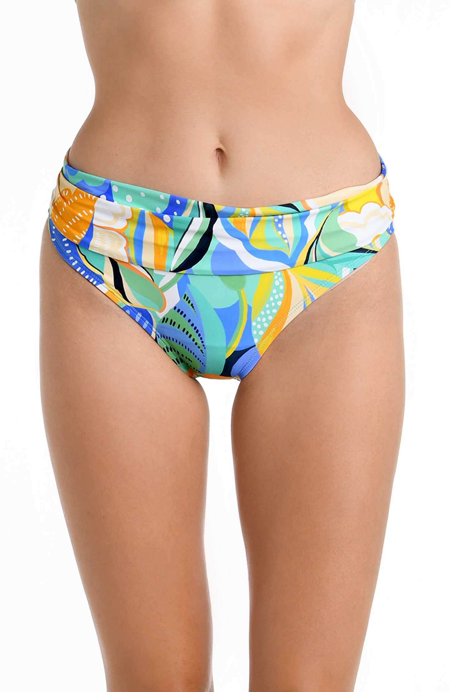 Model is wearing a multicolored Shirred Band Hipster Swimsuit Bottom