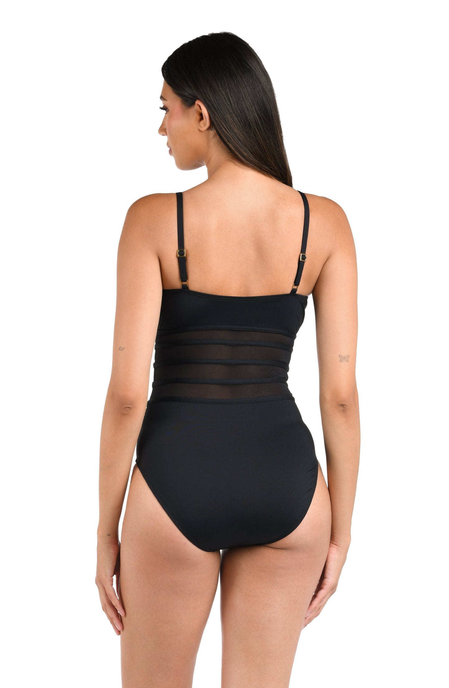 Model is wearing a solid black Island Goddess Mesh Over The Shoulder One Piece Swimsuit