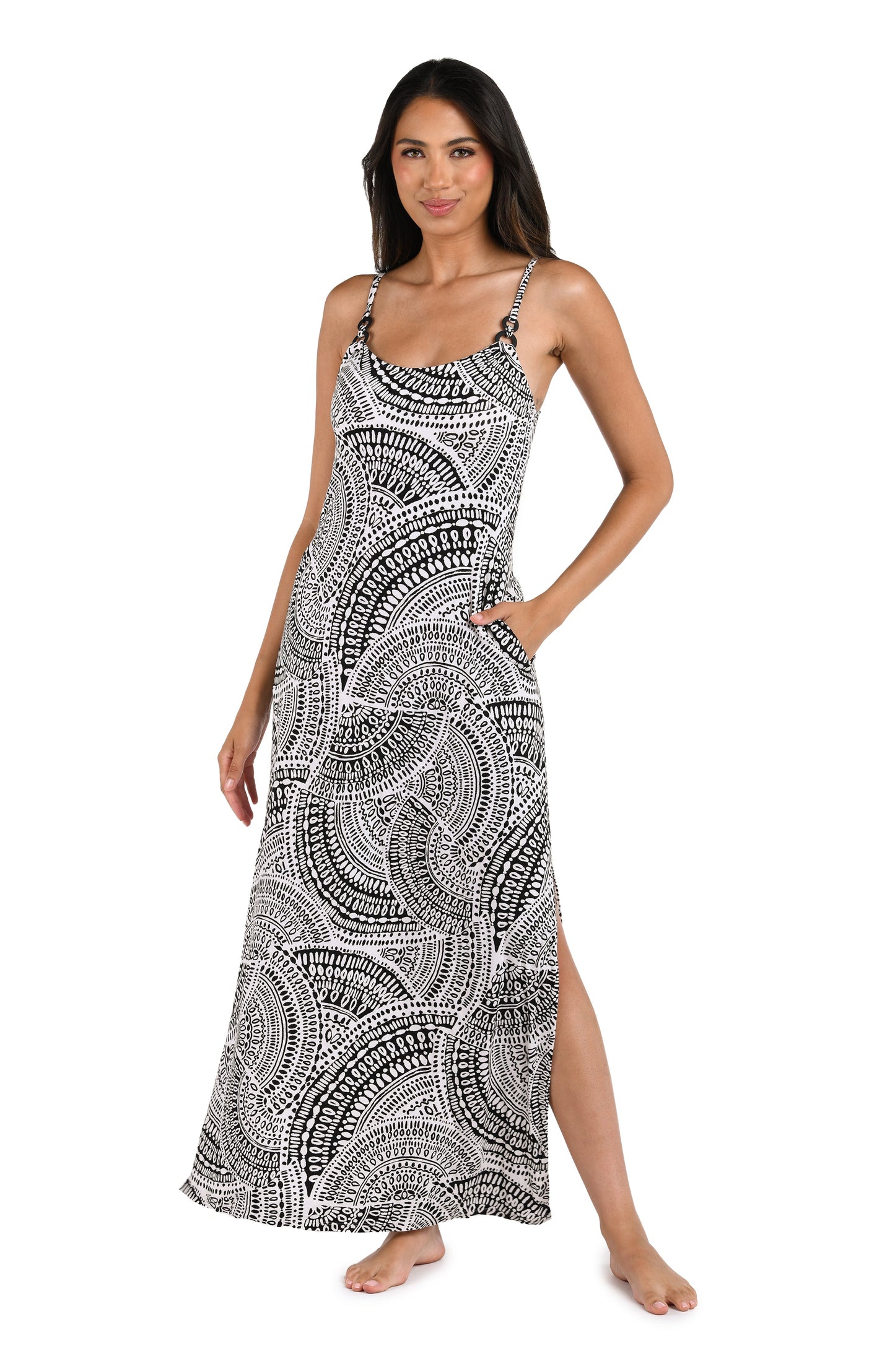 Front image of model wearing the Dream Catcher Over the Shoulder Maxi Dress Cover Up.