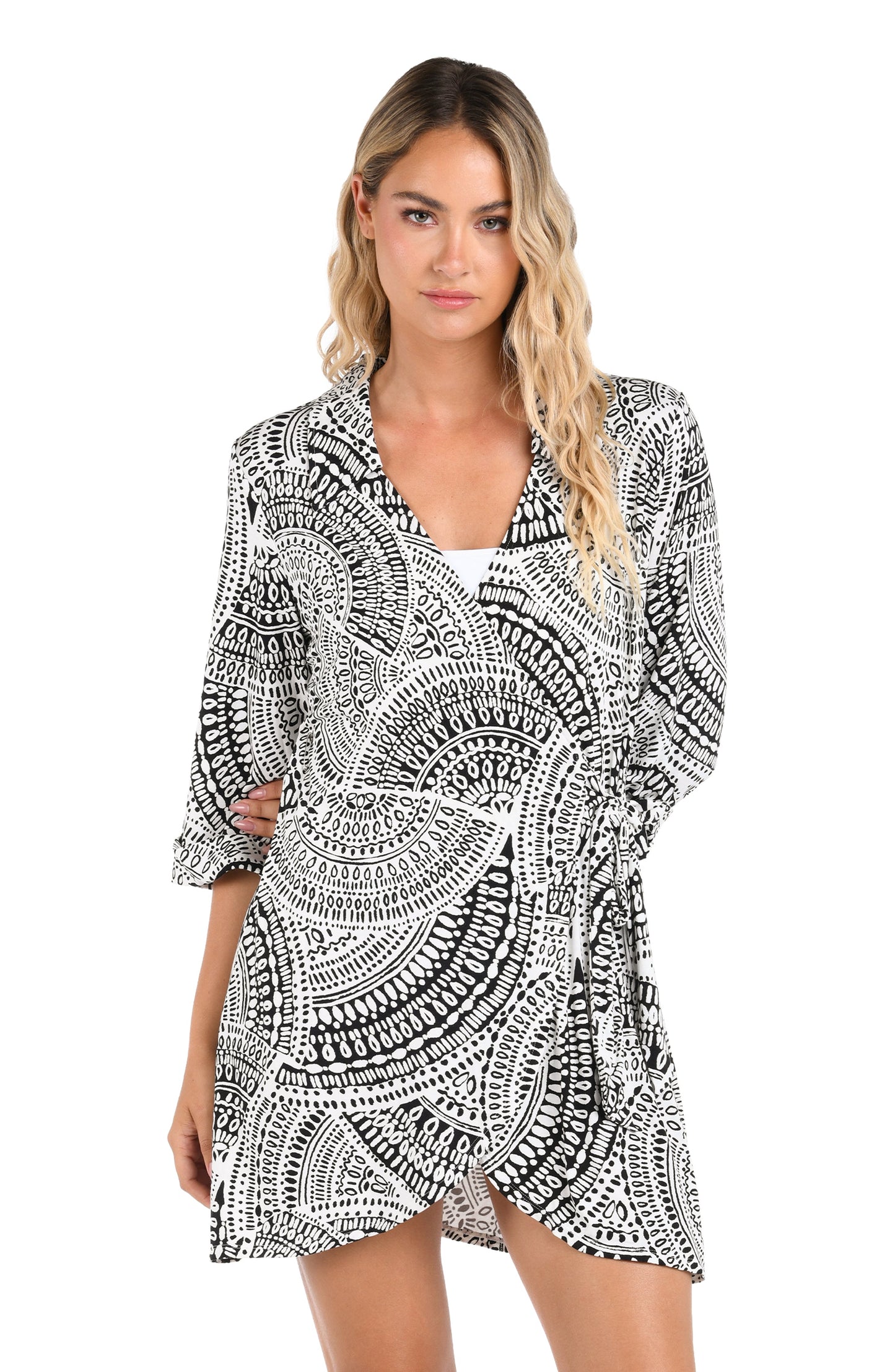 Front image of model wearing the Dream Catcher Wrap Dress Cover Up.