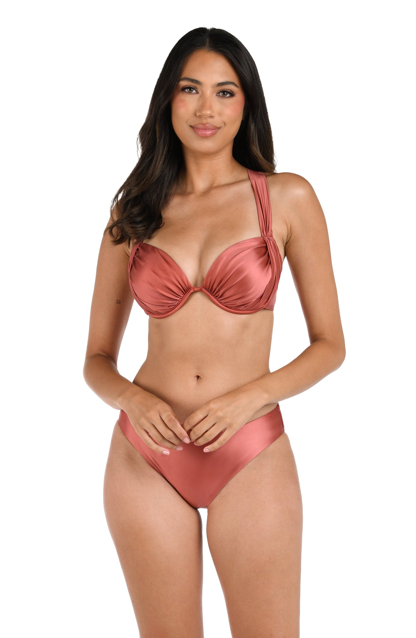 This is a front image of a model wearing a sienna colored draped underwire bikini top paired with a sienna colored hipster bottom with moderate rear coverage from the Earth Goddess swim collection.