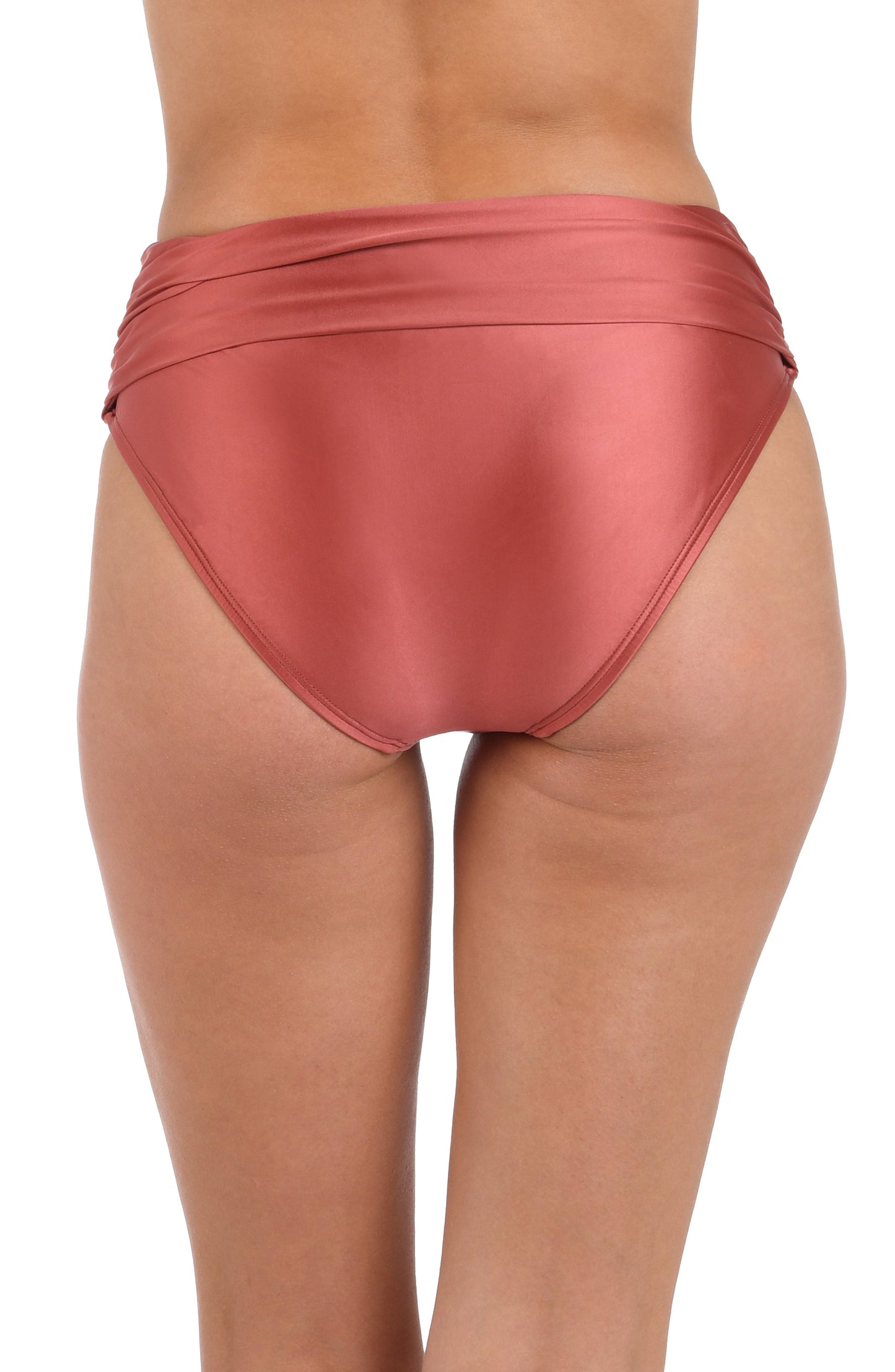 This is the back image of a model  wearing a sienna colored twist front High-Waisted swimsuit bottom with moderate rear coverage from the Earth Goddess swim collection.