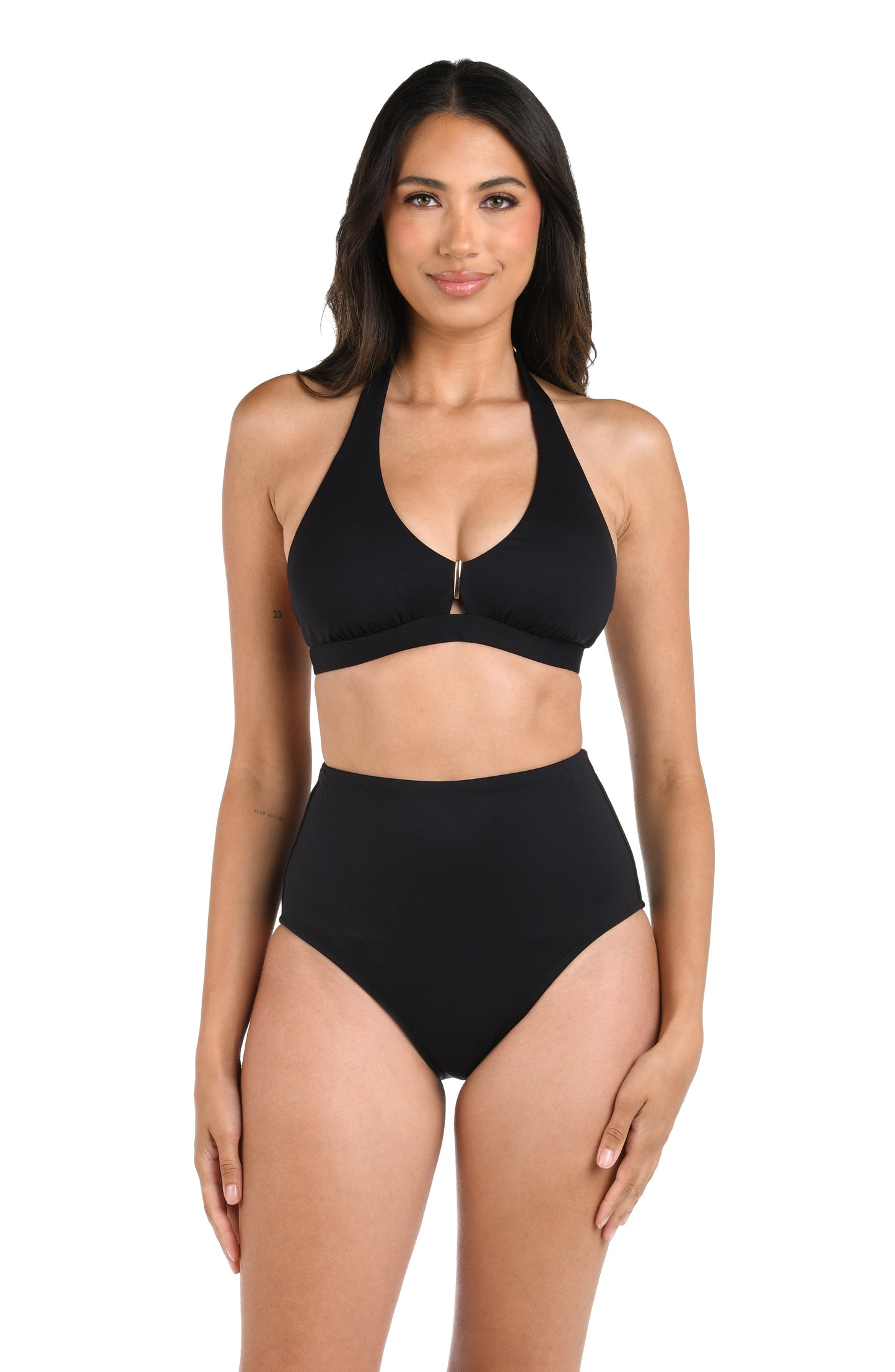 Model is wearing a LB LUXE Banded Halter Swimsuit Top in Black.