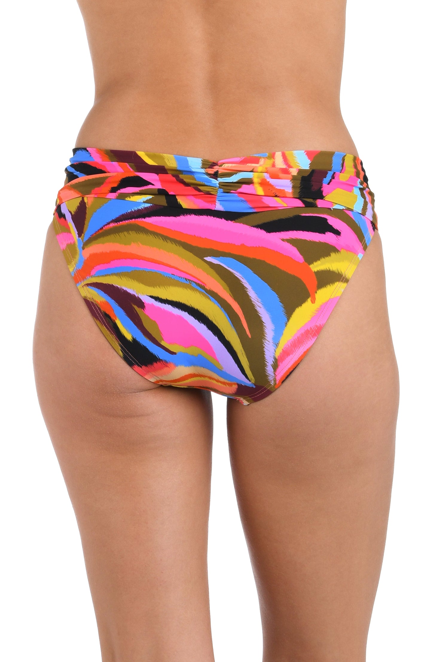 Back image of model wearing the Tropic Waves Shirred Band Hipster Bottom.