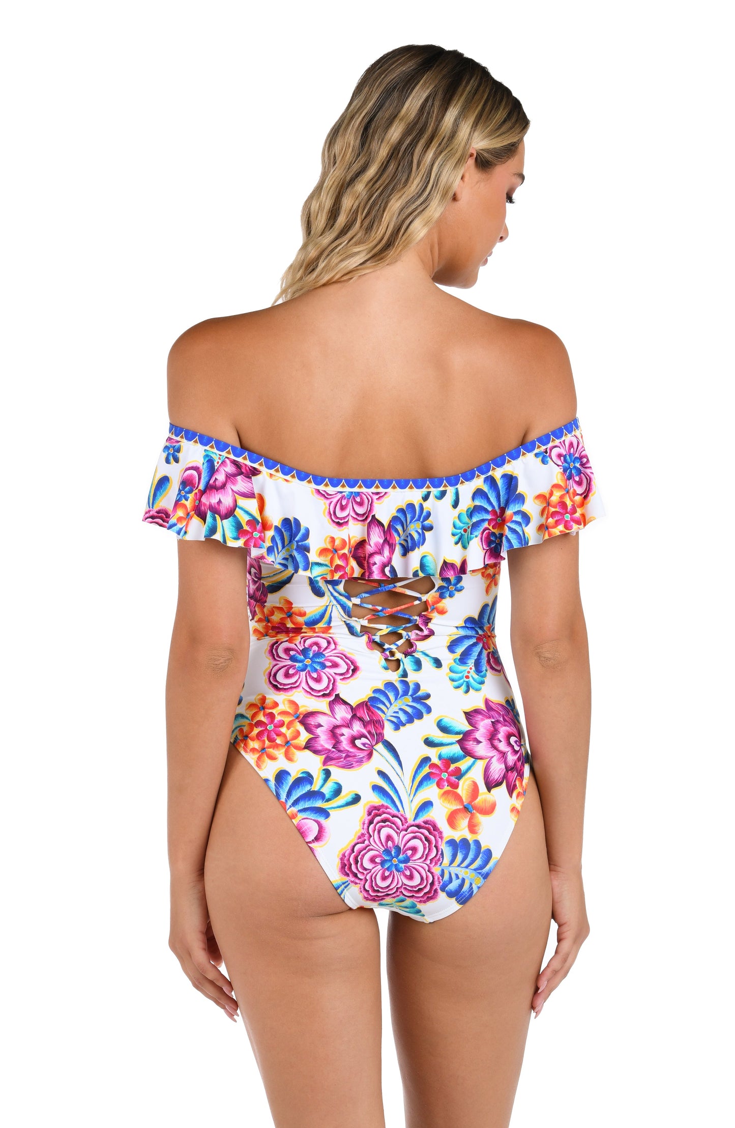 Back image of model wearing the Flor De Paradiso Off Shoulder Ruffle One Piece.