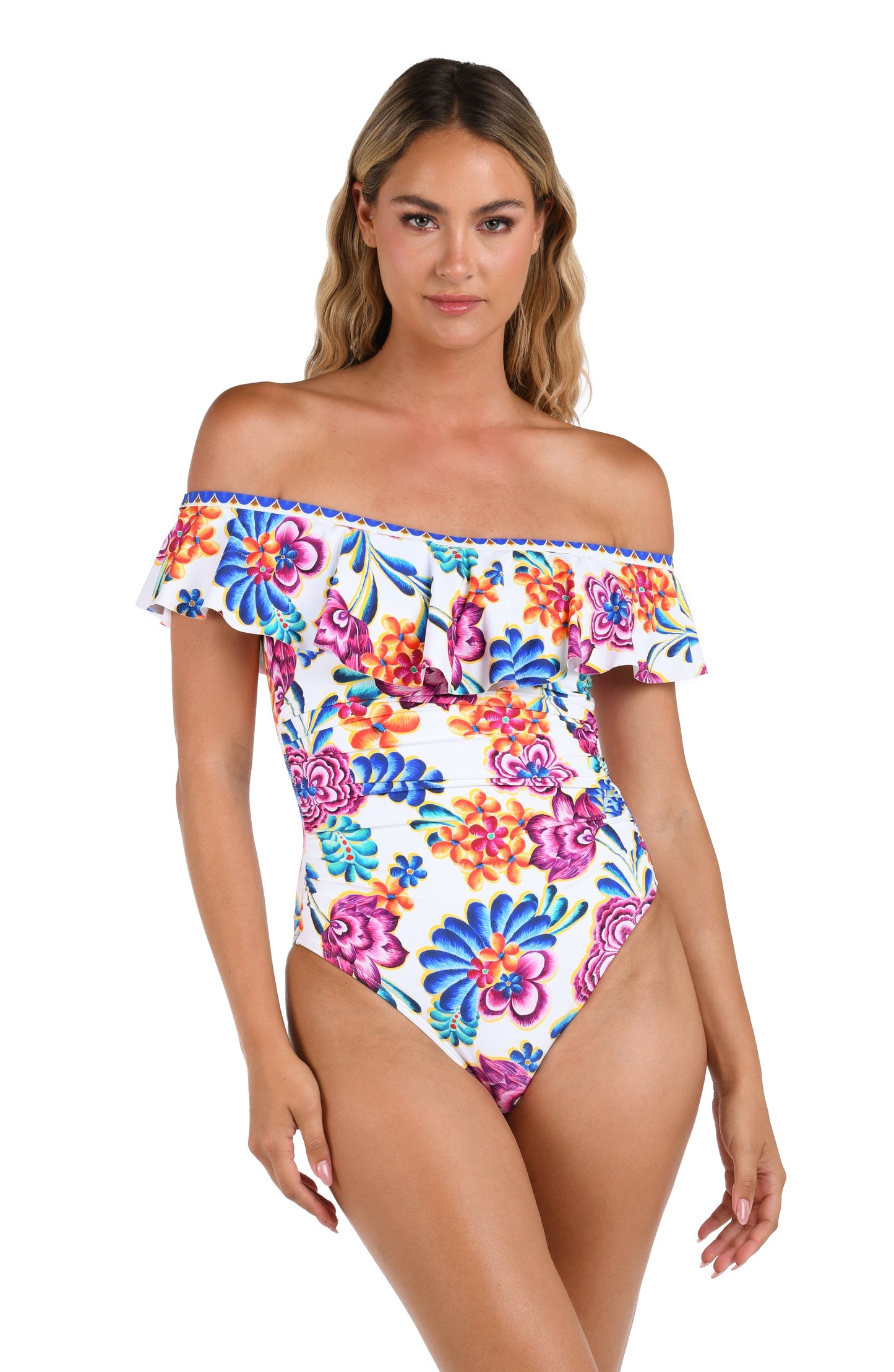 Front image of model wearing the Flor De Paradiso Off Shoulder Ruffle One Piece.