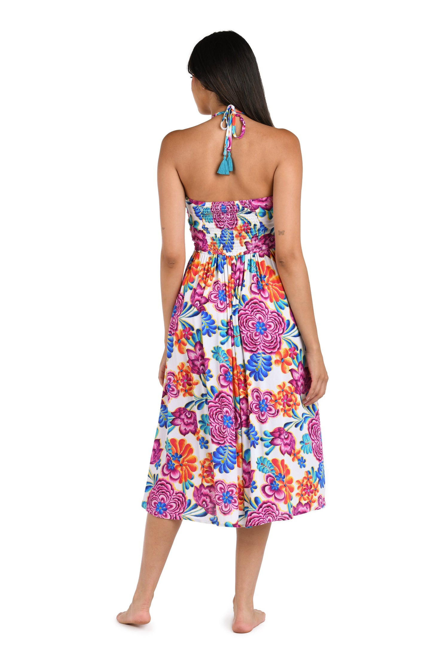 Back image of model wearing the Flor De Paradiso Halter Midi Dress Cover Up.