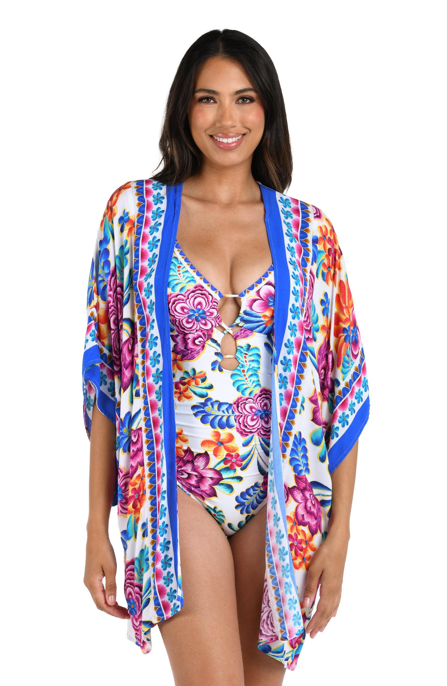 Front image of model wearing the Flor De Paradiso Kimono Cover Up.