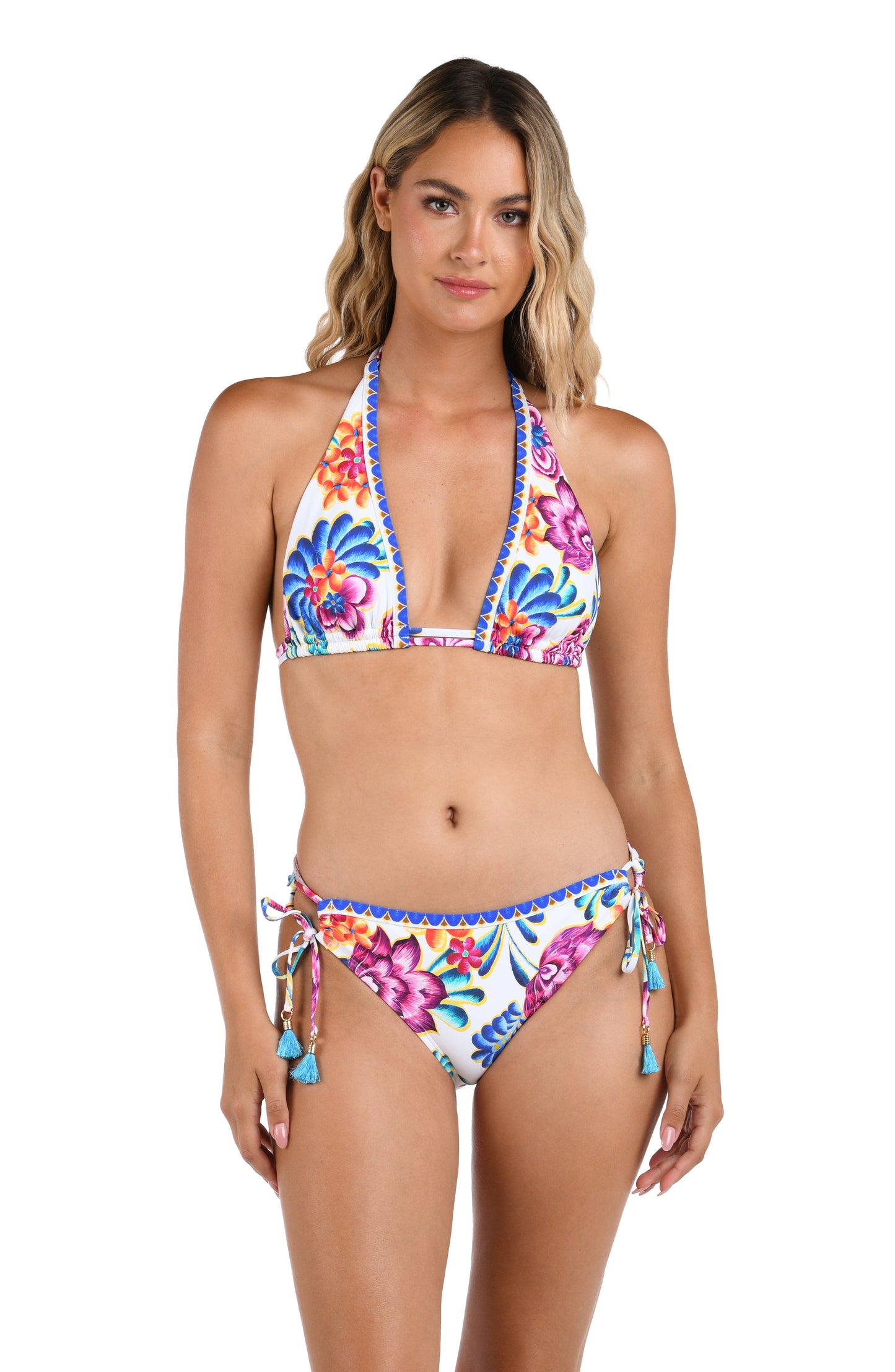 Front image of model wearing the Flor De Paradiso Halter Top.