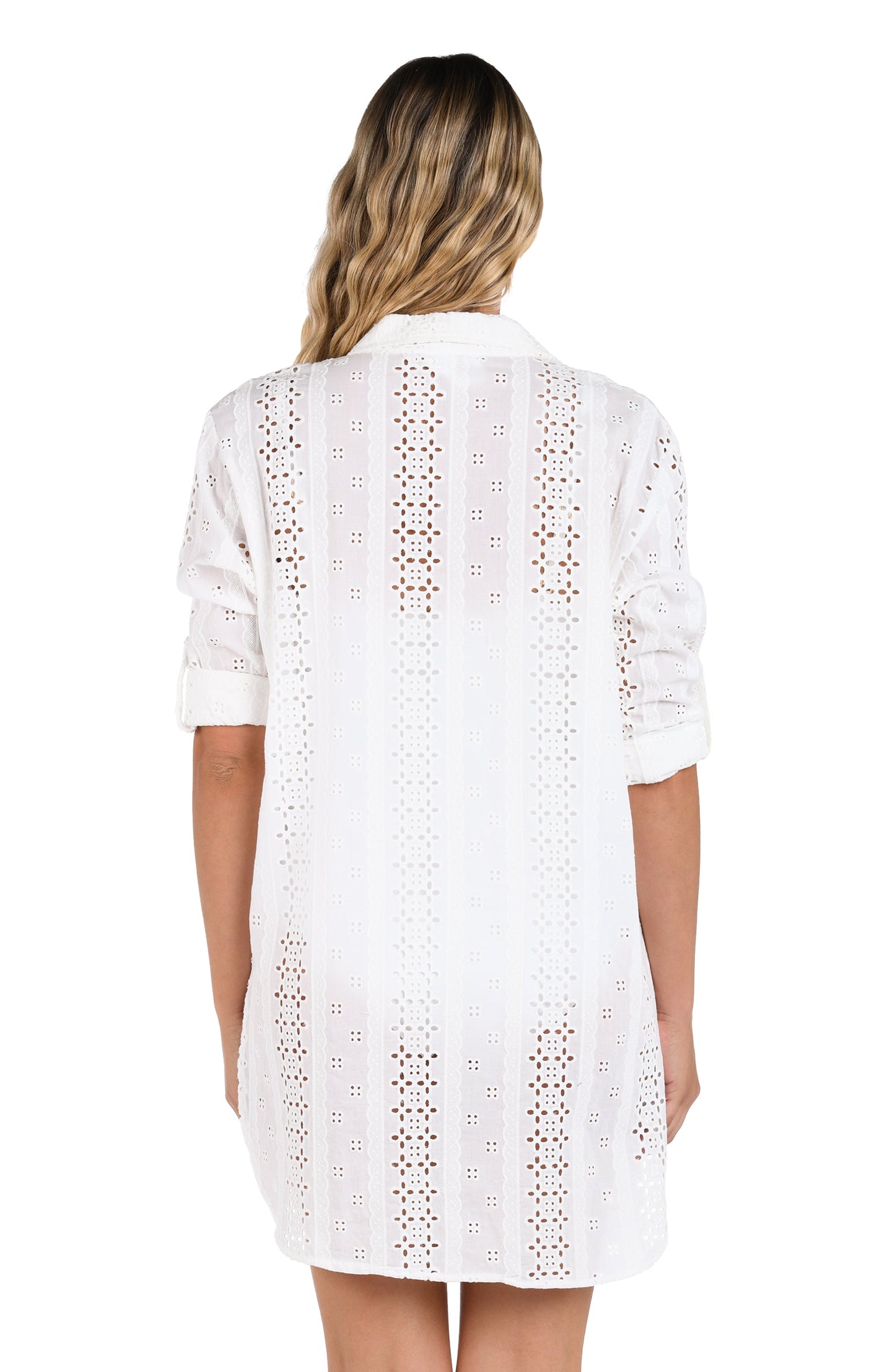 Back image of model wearing the Eyelet Covers Camp Shirt w/ Crochet Insets.