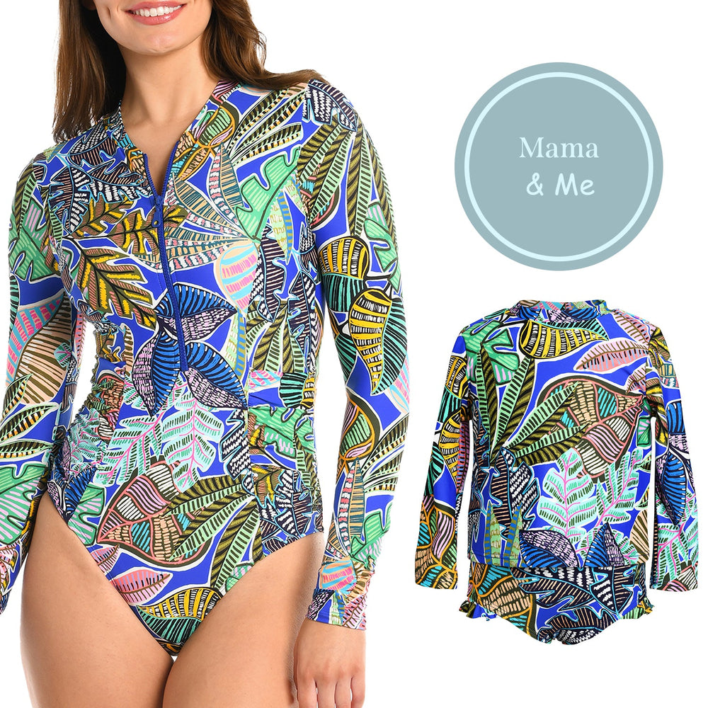 
                  
                    Toddler is wearing a neon colored tropical printed long sleeve rashguard top and hipster bottom set from our Mama and Me Neon Nights collection.
                  
                