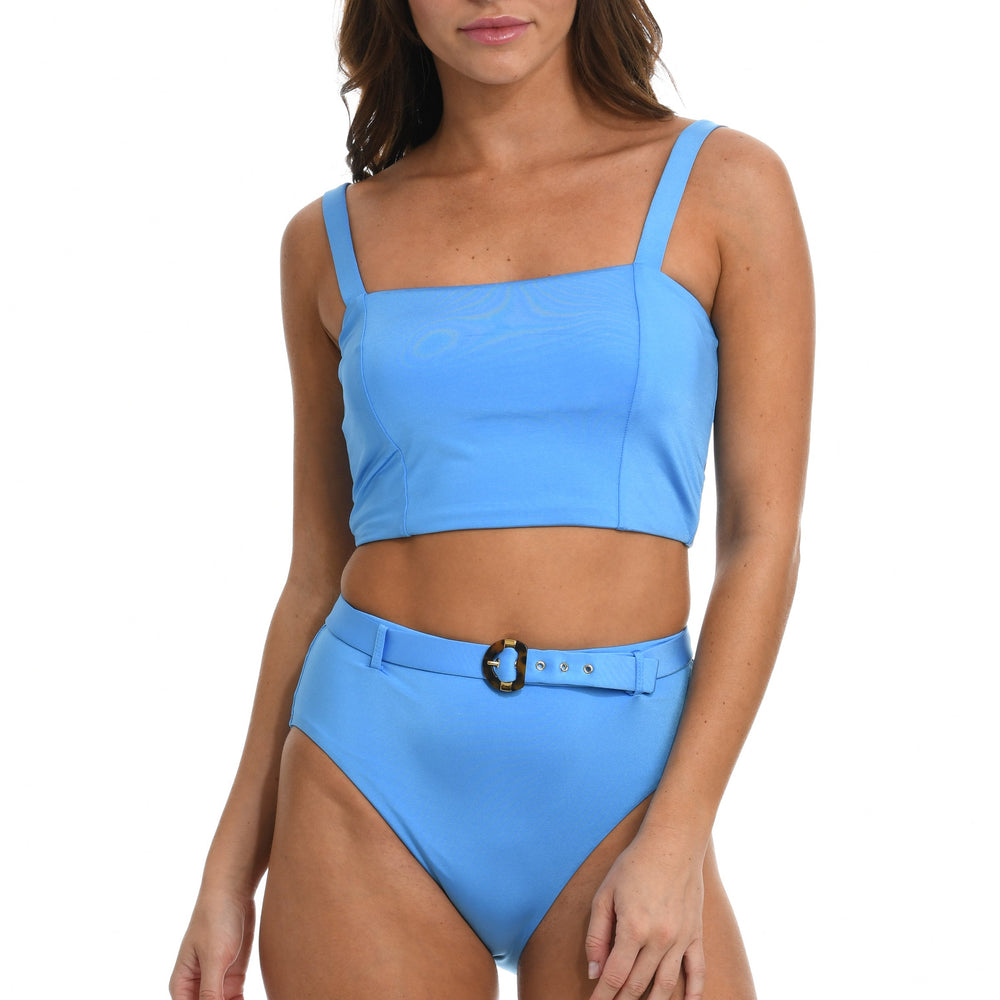 Model is wearing a solid sky blue colored midkini top from our Wanderlust Solids collection.