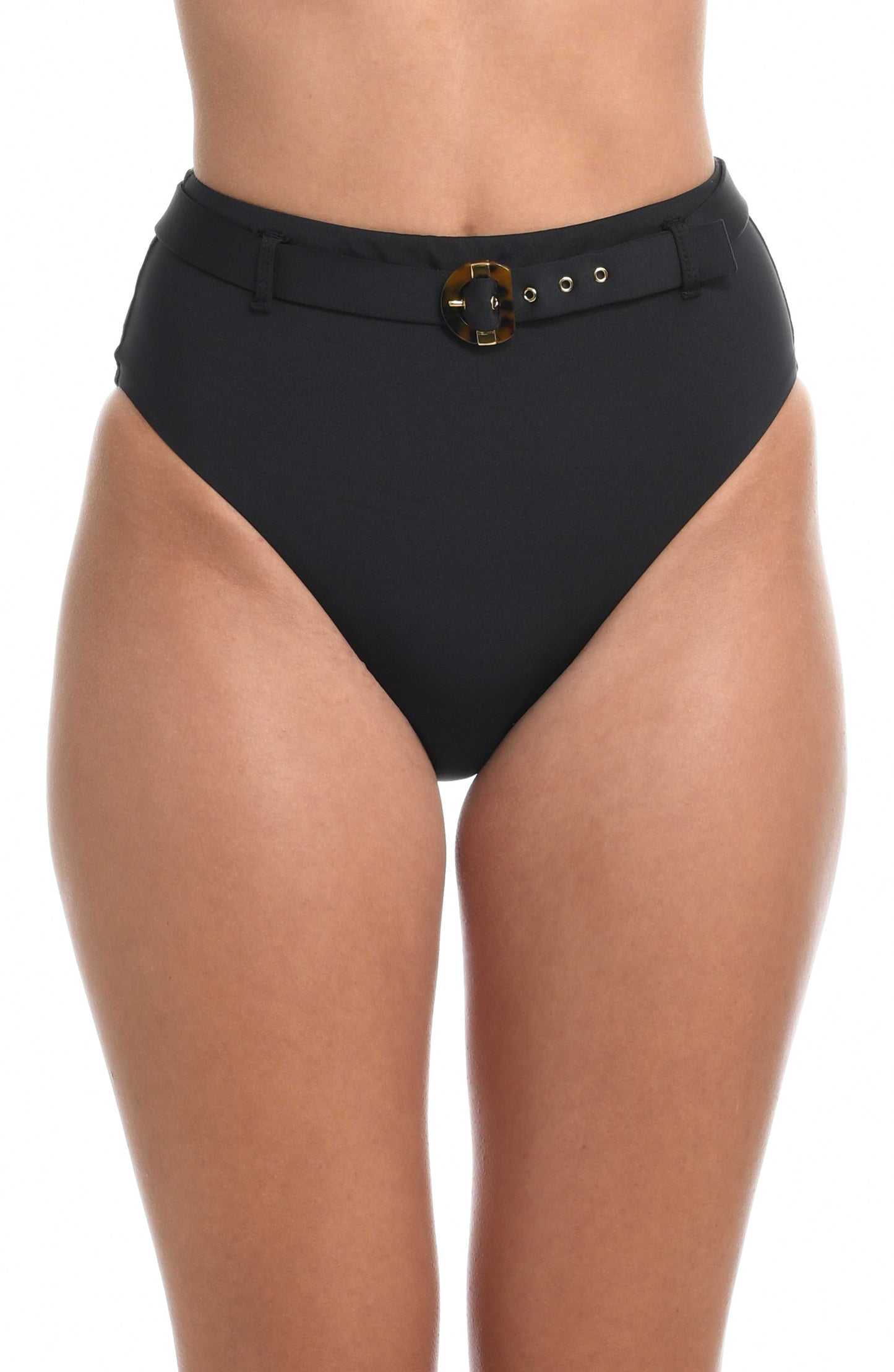 Model is wearing a solid black colored high waist bikini bottom from our Wanderlust Solids collection.