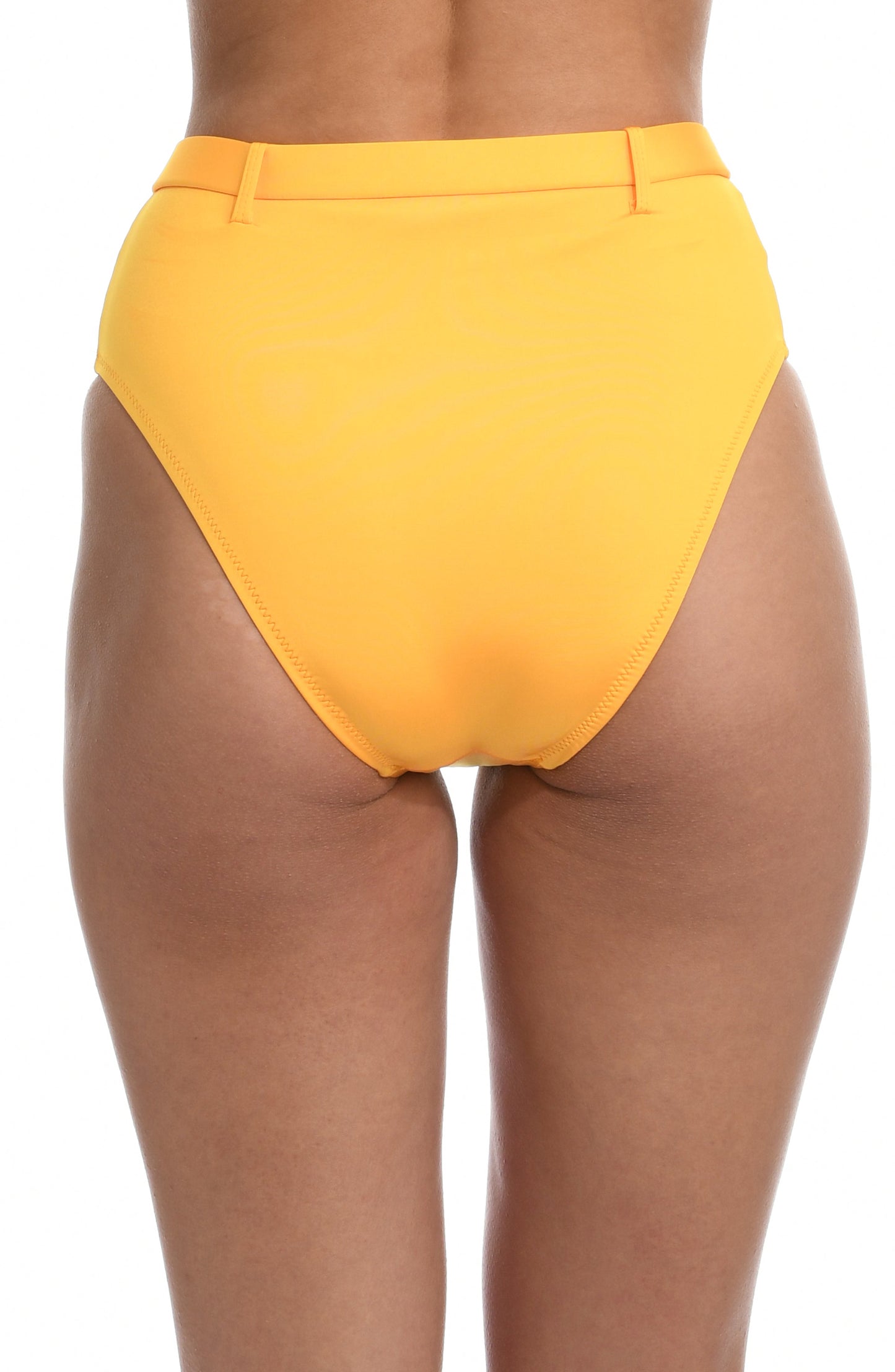 Model is wearing a solid sunshine yellow colored high waist bikini bottom from our Wanderlust Solids collection.