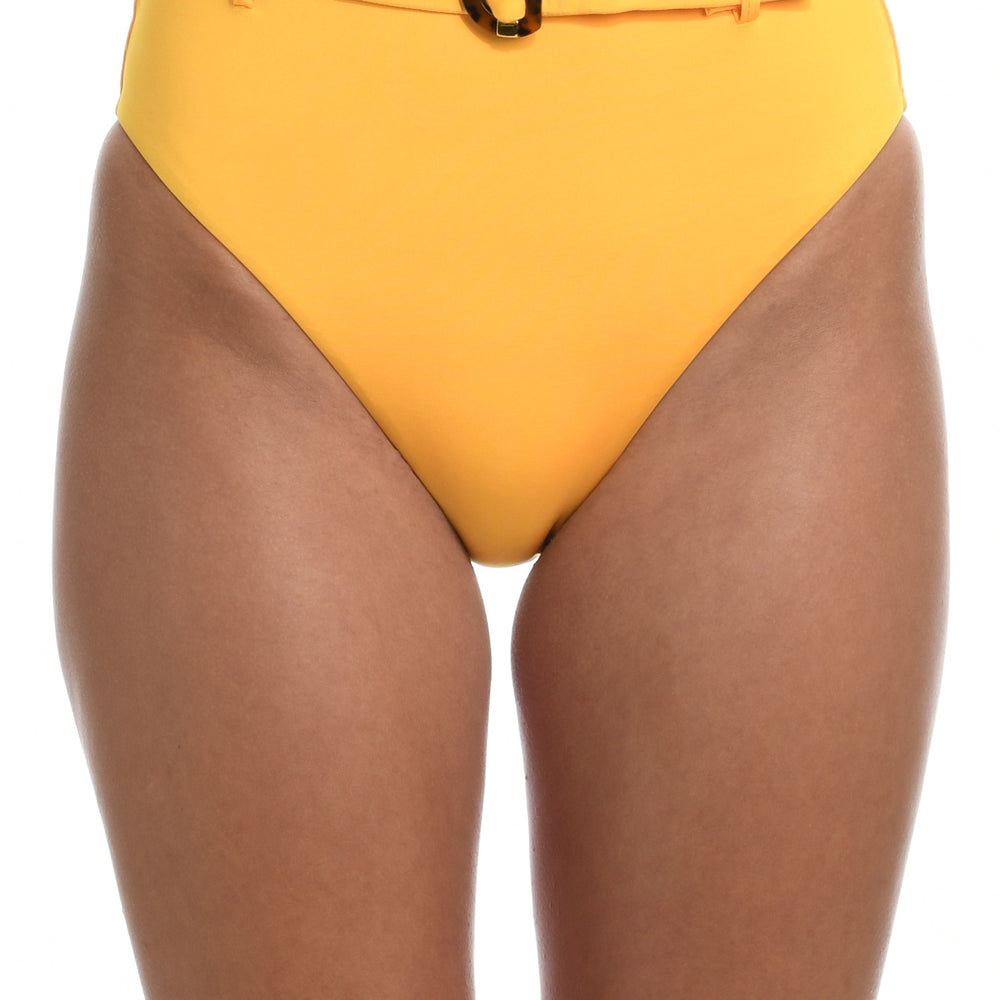 Model is wearing a solid sunshine yellow colored high waist bikini bottom from our Wanderlust Solids collection.