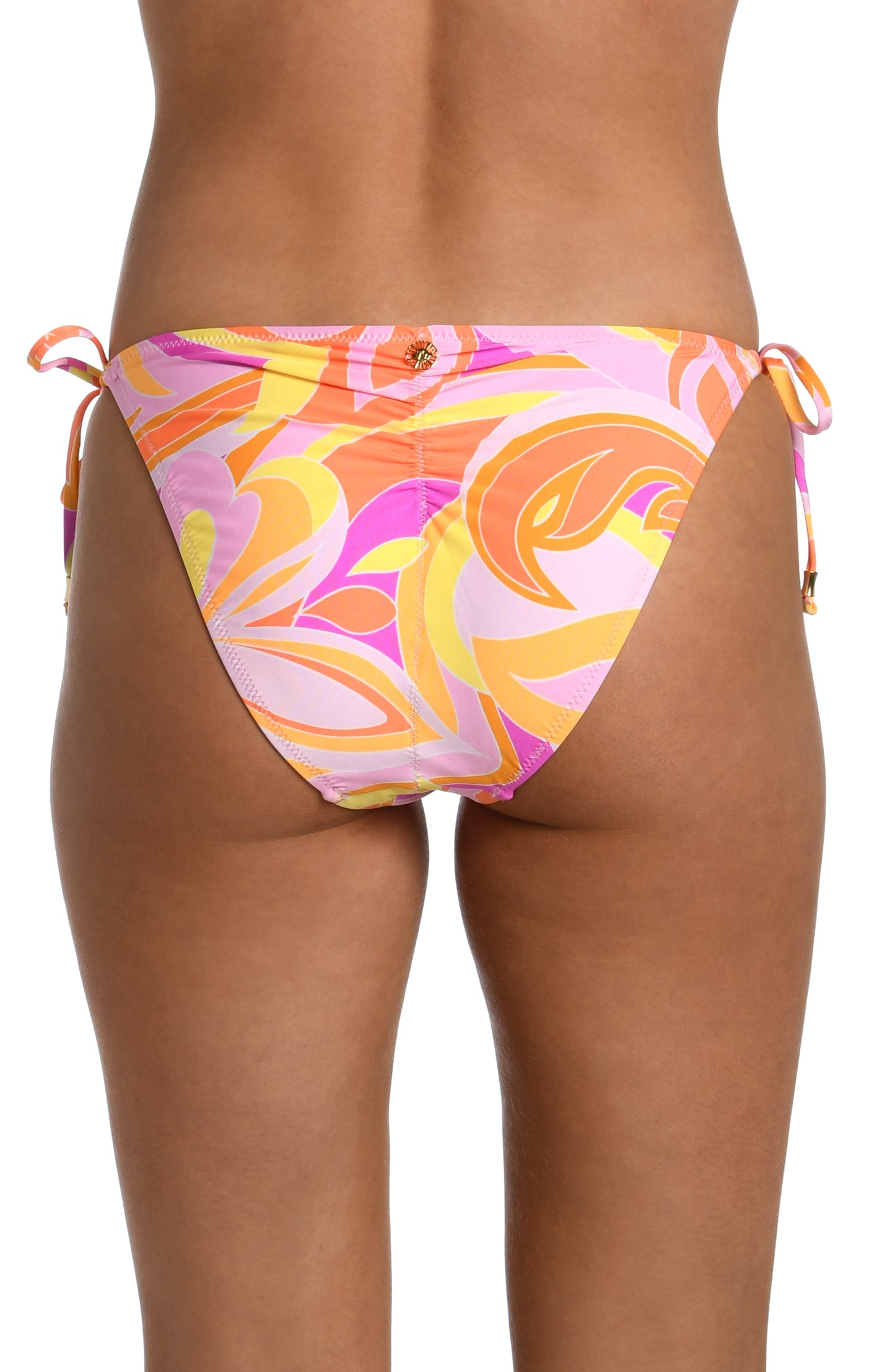 Model is wearing a pink, white, and orange multicolored retro printed side tie hipster bikini bottom from our Retro Swirl collection.