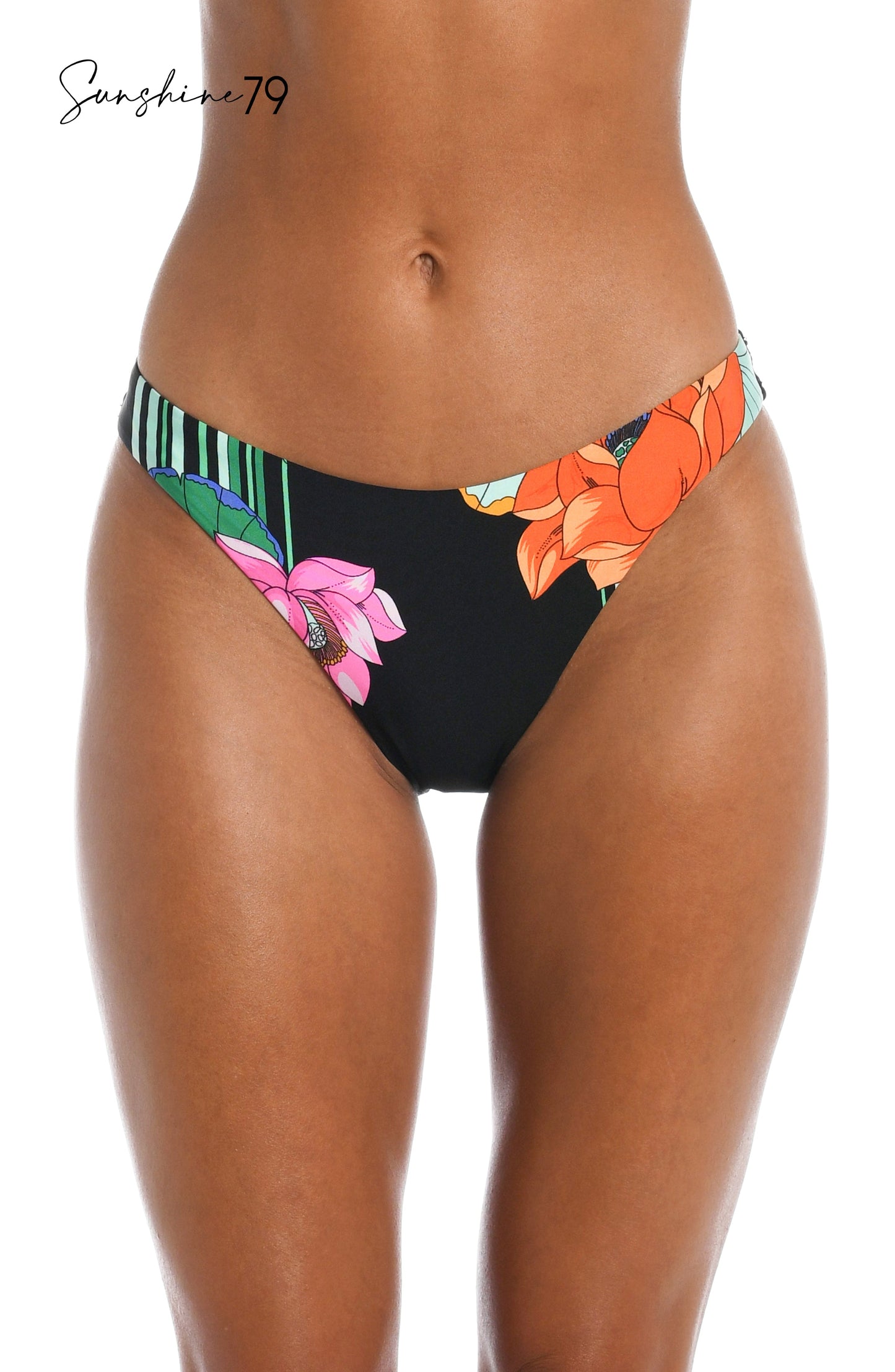 Model is wearing a black multi colored tropical printed hipster bottom from our Mystic Lotus collection!