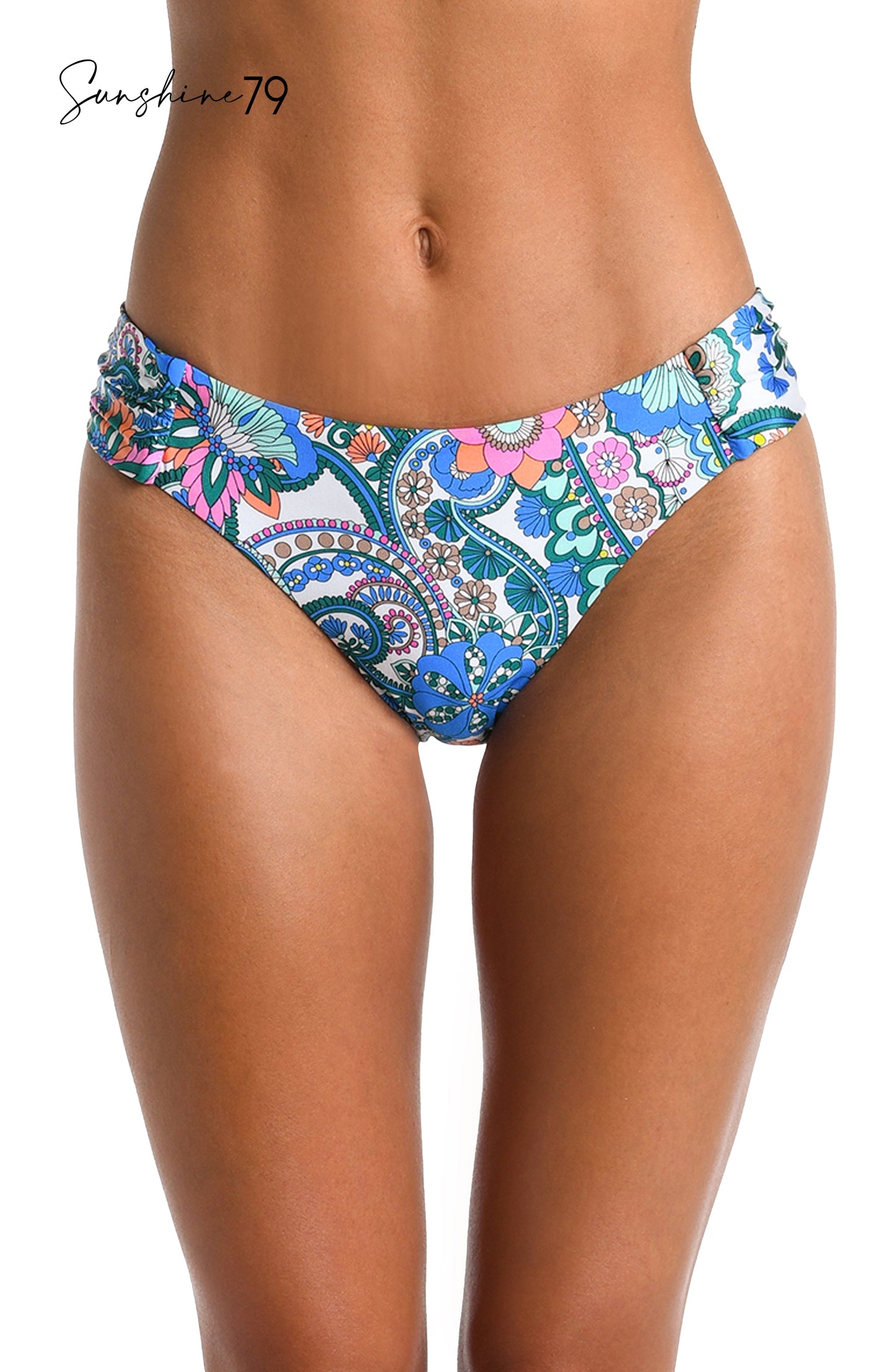 Model is wearing a multicolored Side Shirred Hipster Bikini Swimsuit Bottom