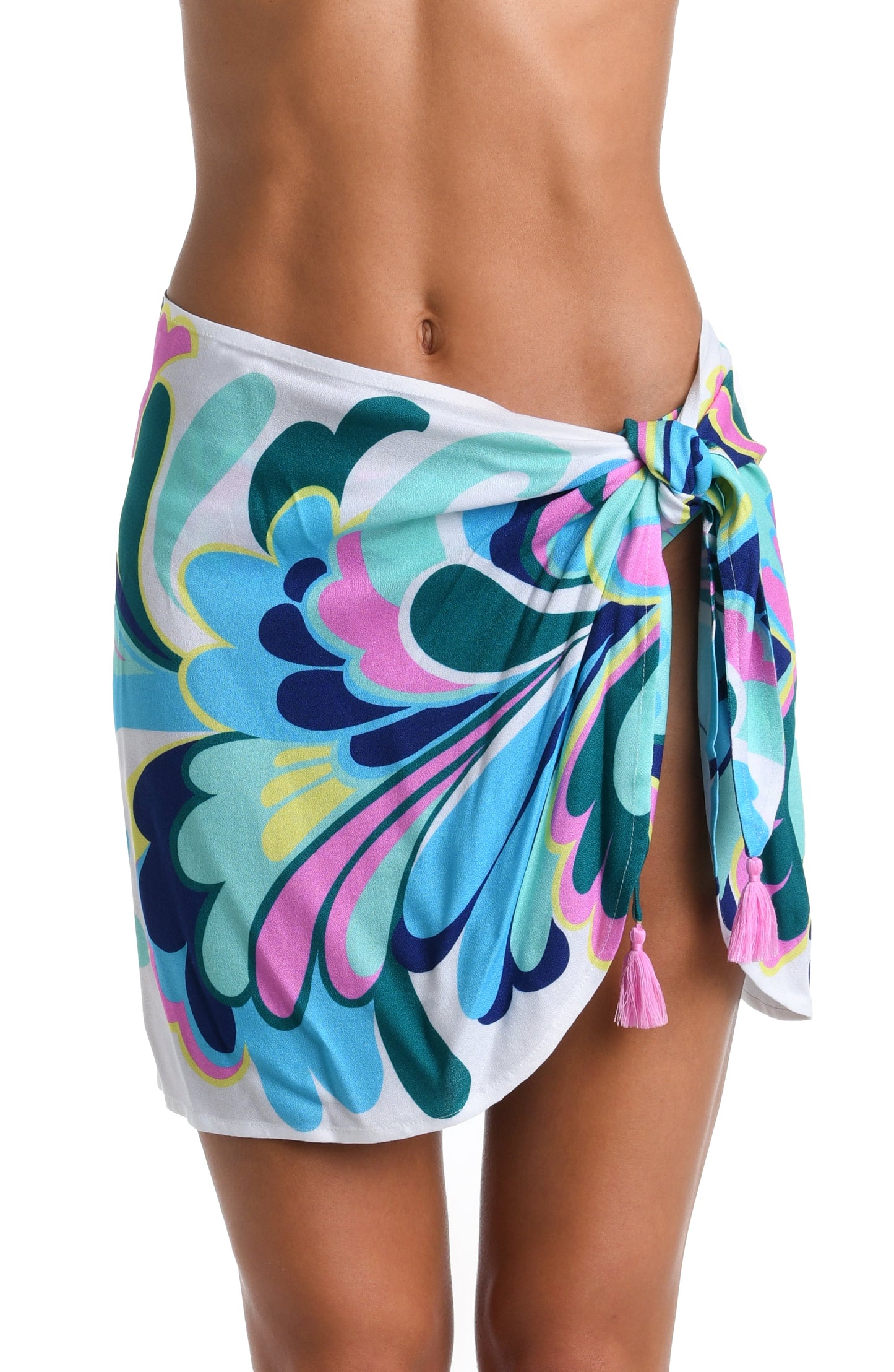 Model is wearing a white, blue, green, and pink multicolored floral printed Short Pareo Wrap