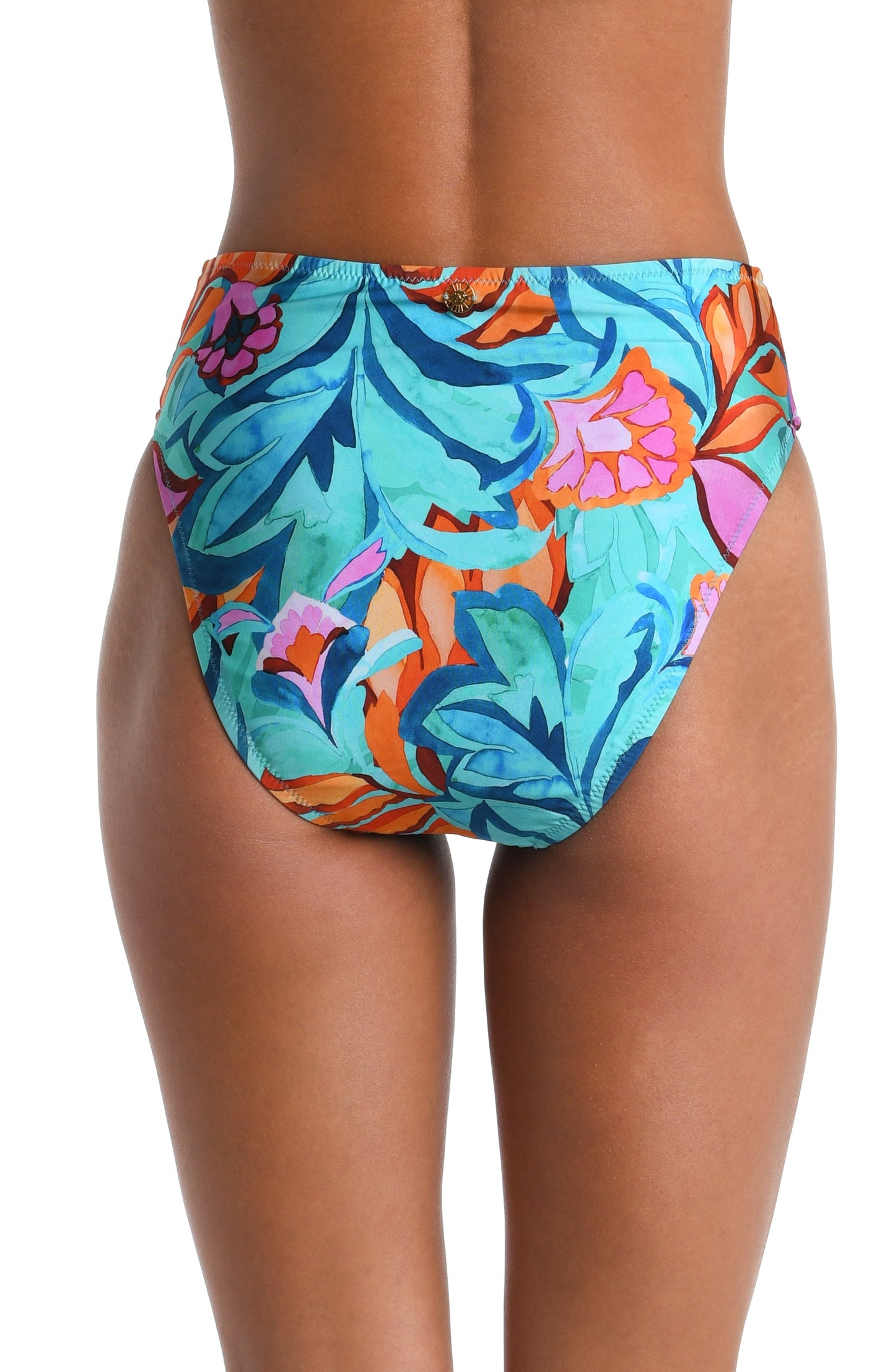 Model is wearing a turquoise, blue, coral multicolored floral printed High-Waist Bottom