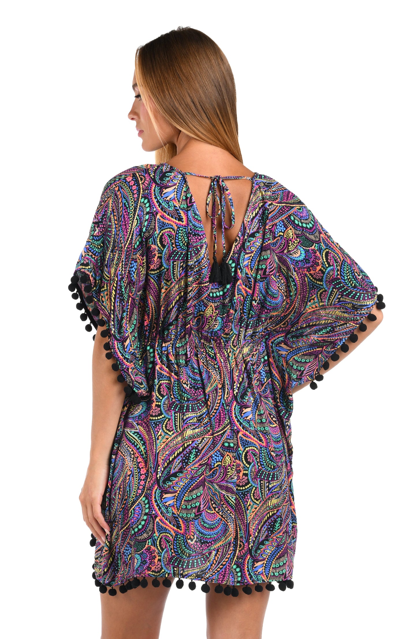 Back image of model wearing a Sunshine 79 Disco Dream V-Neck Caftan.