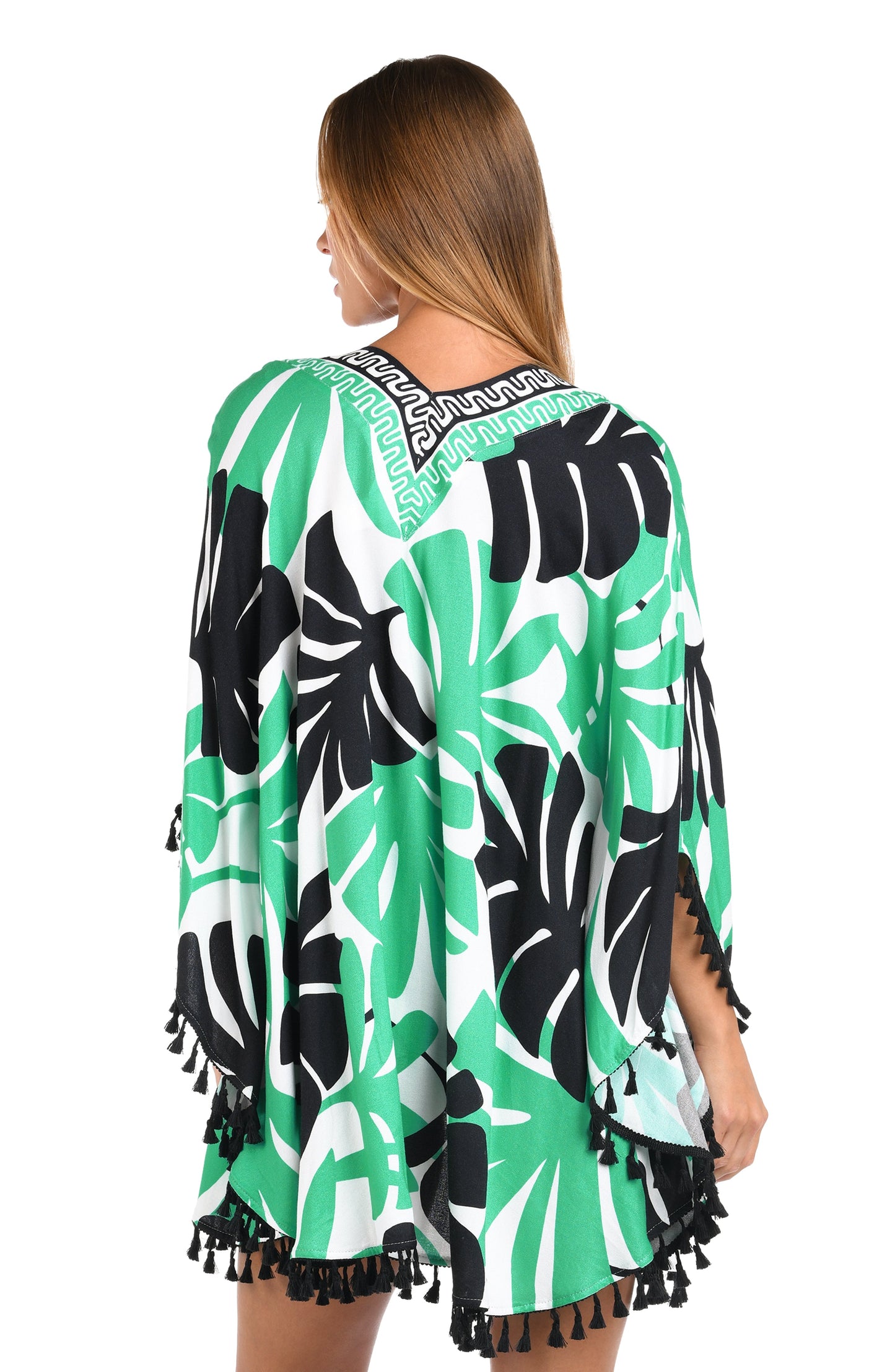 Back image of model wearing the Sunshine 79 Monstera Open Front Kimono.